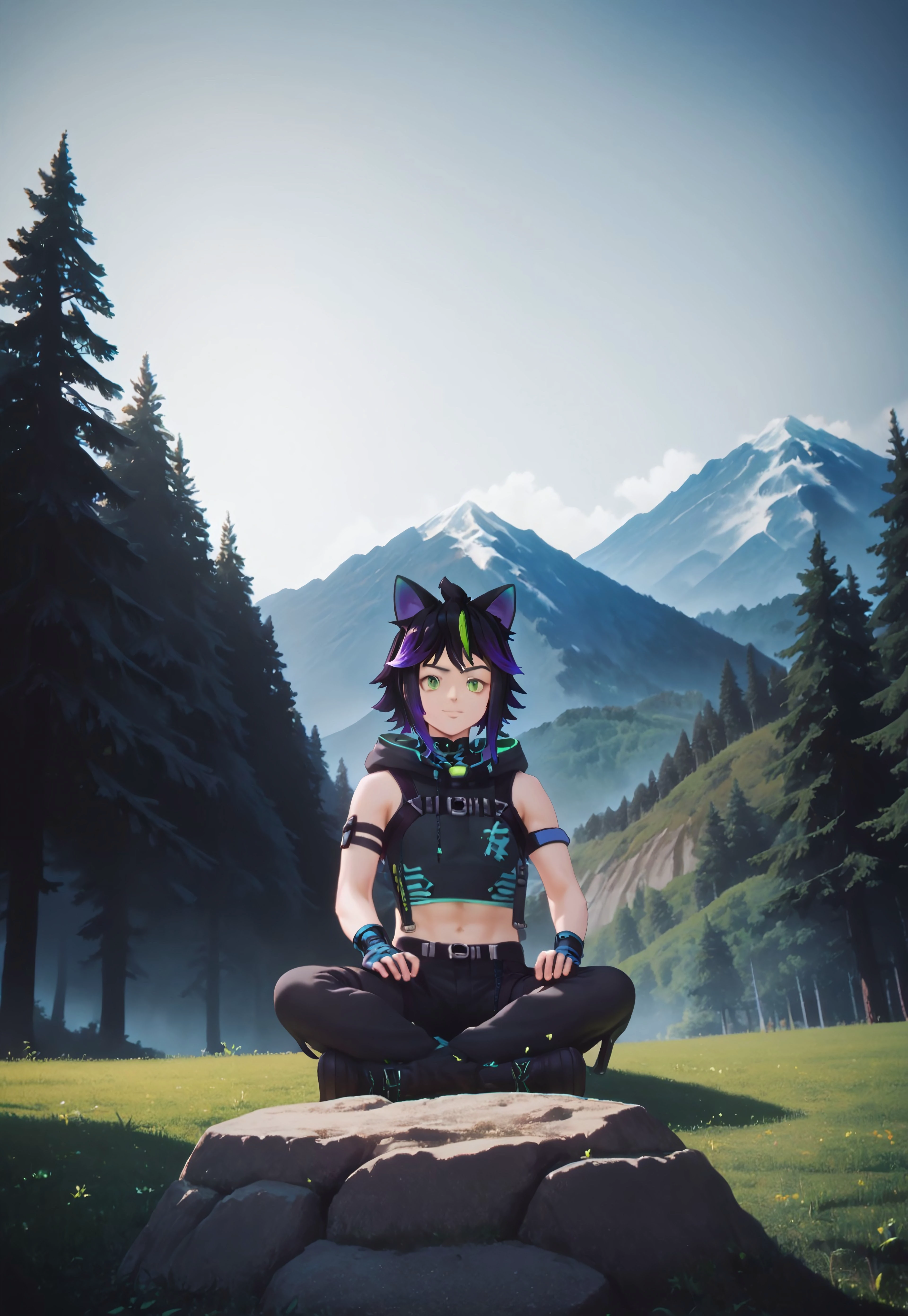 score_9, score_8_up, score_7_up, very aesthetic, high quality, high resolution, incredibly detailed, cinematic lighting, masterpiece, perfect anatomy, source_anime, 2d, anime, 1male, guy, solo, madkoding, looking at viewer, neko ears, black hair, single fluorescent green highlights, green eyes, happy pose, low angle shot, night city, Stable_Yogis_PDXL_Positives, N0R3AL_PDXL, hud_sh03_sh0w

Sit next to bonfire, outside, mountains, trees, big bonfire, resting, sword, night