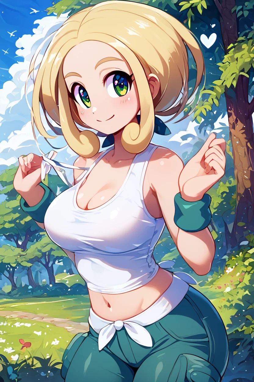 score_9, score_8_up, score_8, medium breasts, (curvy), cute, eyelashes,       ,,, , ,,, zzViola, green eyes, blonde hair, sleeveless shirt, white shirt, wristband, green pants, midriff, <lora:Viola_Pokemon_PDXL:0.8>,      ,,,, BREAK, smile, closed mouth, looking at viewer, cowboy shot, ,,, embedding:zPDXL, Expressiveh, ,,, <lora:Konpeto_PDXL_v3:1.0>, <lora:SDXLFaeTastic2400:0.5>, <lora:Expressive_H-000001:0.4>,