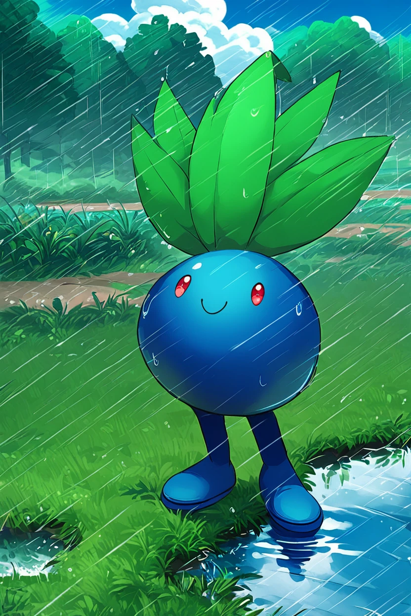 score_9, score_8_up, score_8,   ,,, , ,,,  zzOddish, red eyes, standing, full body, outdoors, sky, day, cloud, signature, water, cloudy sky, grass, looking up, rain, ripples, puddle,  ,<lora:OddishPokedexPDXL:1.0>,     ,,,, BREAK, smile, looking at viewer, cowboy shot, ,,, outdoors, sky, day, cloud, tree, blue sky, sunny,  ,,, Expressiveh, ,,, <lora:Alola_Style_PDXL:0.8>, <lora:Expressive_H-000001:0.4>,