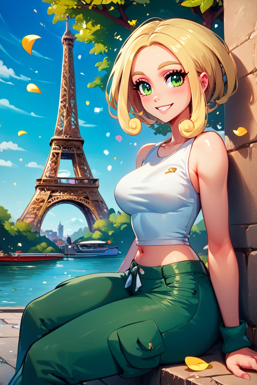 score_9, score_8_up, score_8, medium breasts, (curvy), cute, eyelashes,       ,,, , ,,, zzViola, green eyes, blonde hair, sleeveless shirt, white shirt, wristband, green pants, midriff, <lora:Viola_Pokemon_PDXL:0.8>,      ,,,, BREAK, zzEiffelTower in background, sitting, watercraft, boat, sitting on wall, side view, looking at viewer, smile, ,,, BREAK, blooming stars, luminescent petals, otherworldly fragrance blurry background, ,,, embedding:zPDXL, Expressiveh, ,,, <lora:EiffelTowerPDXL:1.0>, <lora:CatalystStylePDXL:0.6>, <lora:SDXLFaeTastic2400:0.5>, <lora:Expressive_H-000001:0.4>,