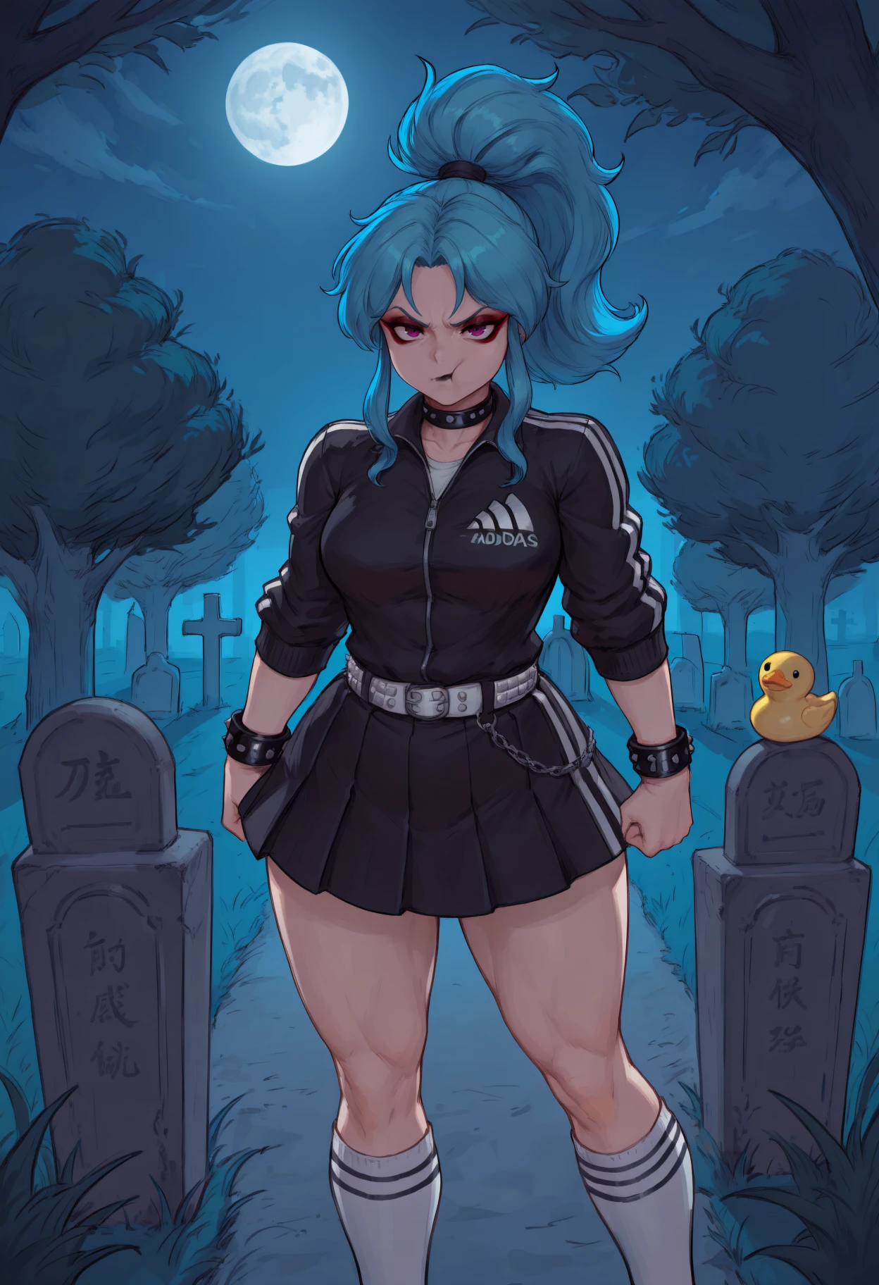 masterpiece, best quality, toned,
yybtn, 1girl, long hair, high ponytail, sidelocks, blue hair, purple eyes, 
tsundere, :T, flustered, night, tombstone, graveyard, moon, moonlight, spooky, makeup, eyeliner, black lipstick, gothic, sound effects, looking at viewer, kneehighs, white legwear, sneakers, adidas, track suit, black jacket, miniskirt, black skirt, pleated skirt, studded belt, studded bracelet, studded collar, rubber duck, dutch angle
<lora:yybtn_idxl_EliPot:1>