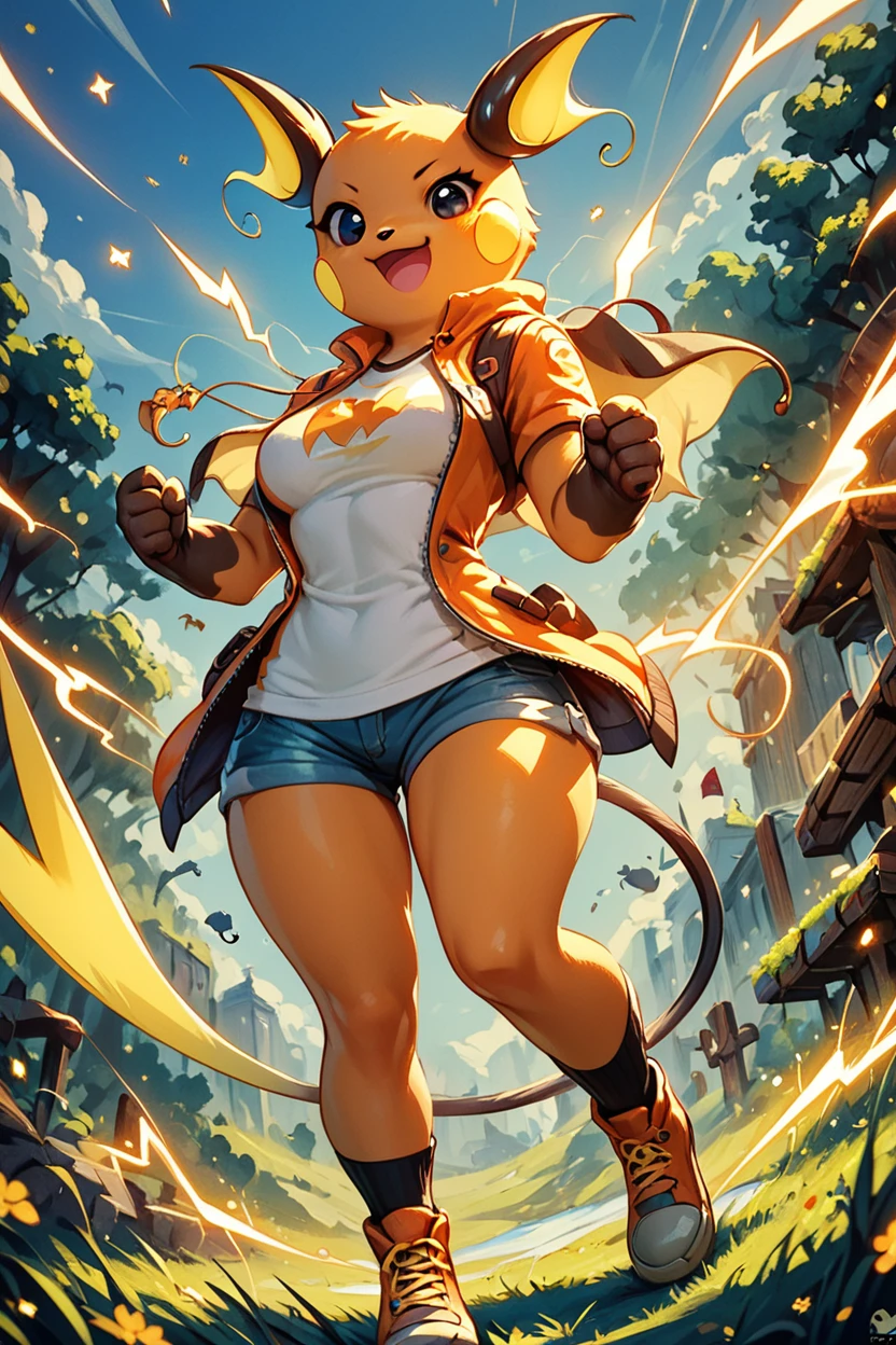 score_9, score_8_up, score_8, medium breasts, (curvy), cute, eyelashes,       ,,, , ,,, zzRaichu, looking at viewer, smile, open mouth, standing, full body, :d, outdoors, black eyes, grass, electricity,  ,<lora:RaichuPokedexPDXL:1.0>,  ,,,, BREAK, smile, looking at viewer, cowboy shot, ,,, embedding:zPDXL, <lora:Hyperdriver_PDXL_v3:0.5>,