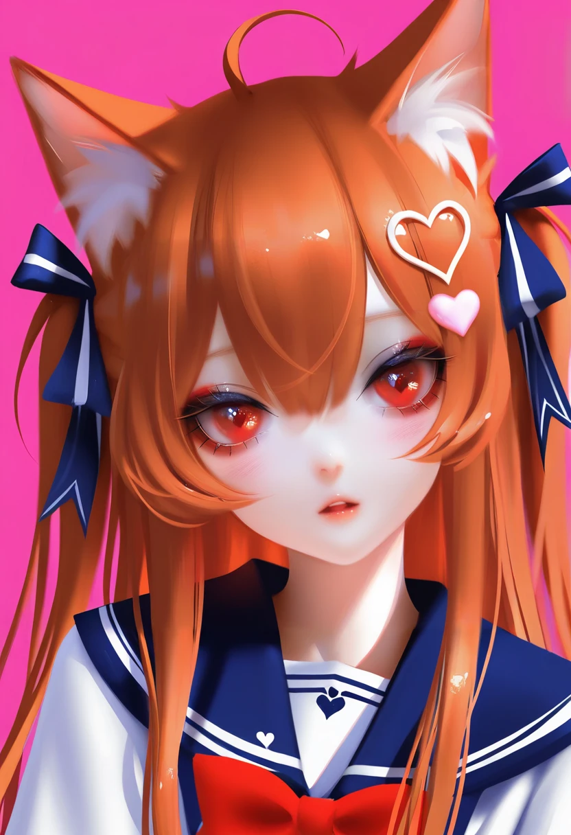 kaede \(sayappa\),(wlop:0.907),jima,(sheya:0.9524),3d,,1girl, animal ears, solo, red eyes, heart hair ornament, hair ornament, ahoge, cat ears, heart, sailor collar, two side up, looking at viewer, animal ear fluff, long hair, brown hair, hair between eyes, pink background, simple background, parted lips, blush, head tilt, ribbon, virtual youtuber, hair ribbon, hair bow, bow, blue sailor collar, shirt ,masterpiece,best quality,very aesthetic,highres,absurdres,sensitive,amazing quality,newest, scenery