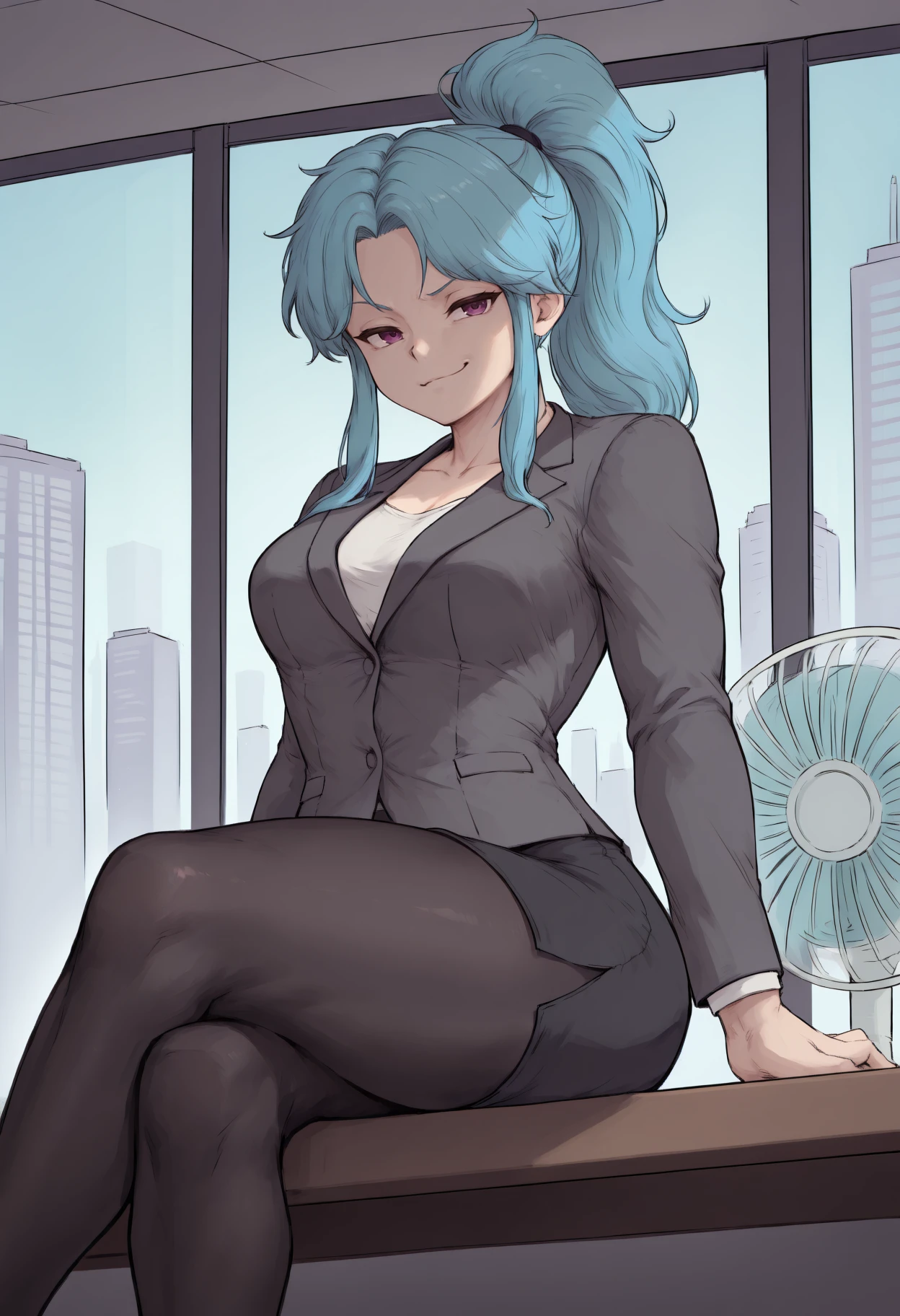 masterpiece, best quality, toned,
yybtn, 1girl, long hair, high ponytail, sidelocks, blue hair, purple eyes, 
office lady, black pantyhose looking at viewer, smug, toned, sitting, crossed legs, sitting on table, indoors, office, window, cityscape, electric fan,
<lora:yybtn_idxl_EliPot:1>