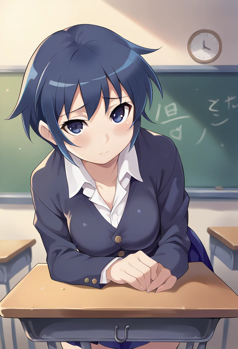 score_9, score_8_up, score_7_up, masterpiece, source_anime, 1girl, ct yu, short hair, blue hair, blue eyes, jacket, long sleeves, white collared shirt, blue short skirt, looking at viewer, indoors, chalkboard, school desk,  leaning forward, blush,  <lora:Yu_Pony_ct-000006:0.8>