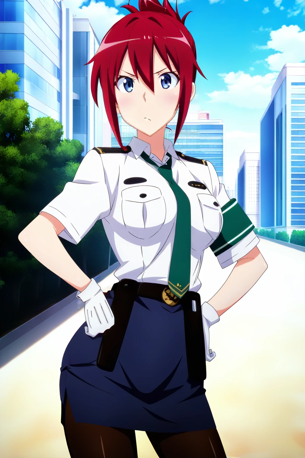 anime screenshot, rail wars!, sakurai aoi, 1girl, solo, red hair, folded ponytail, blue eyes, medium breasts, police uniform, white shirt, collared shirt, short sleeves, green necktie, armband, green armband, blue skirt, pencil skirt, black belt, white gloves, holster, black pantyhose, looking at viewer, pointing, closed mouth, hands on own hips, cowboy shot, outdoors, city, road, blue sky, day, masterpiece, best quality, high quality, highres, absurdres, <lora:sakurai_aoi_ILXL:0.9>