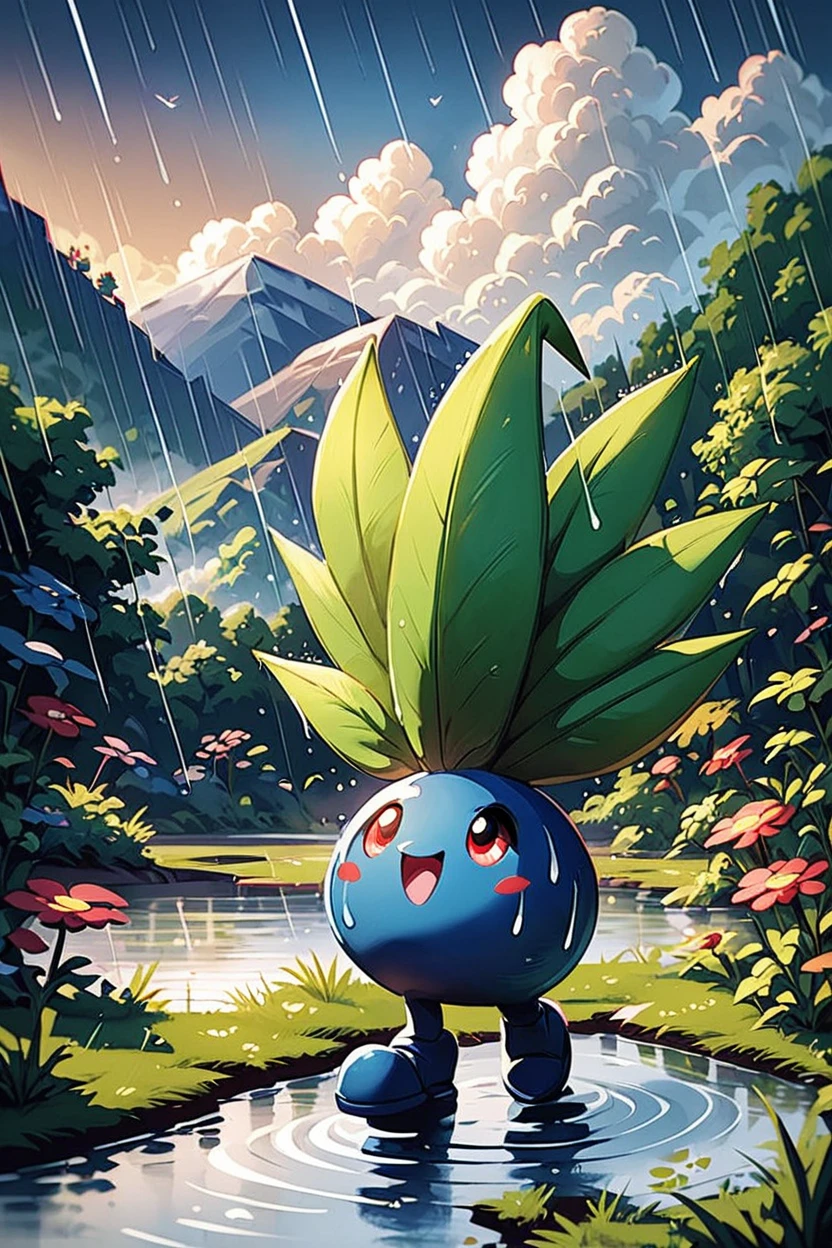 score_9, score_8_up, score_8,   ,,, , ,,,  zzOddish, red eyes, standing, full body, outdoors, sky, day, cloud, signature, water, cloudy sky, grass, looking up, rain, ripples, puddle,  ,<lora:OddishPokedexPDXL:1.0>,     ,,,, BREAK, smile, looking at viewer, cowboy shot, ,,, embedding:zPDXL, <lora:Hyperdriver_PDXL_v3:0.5>,