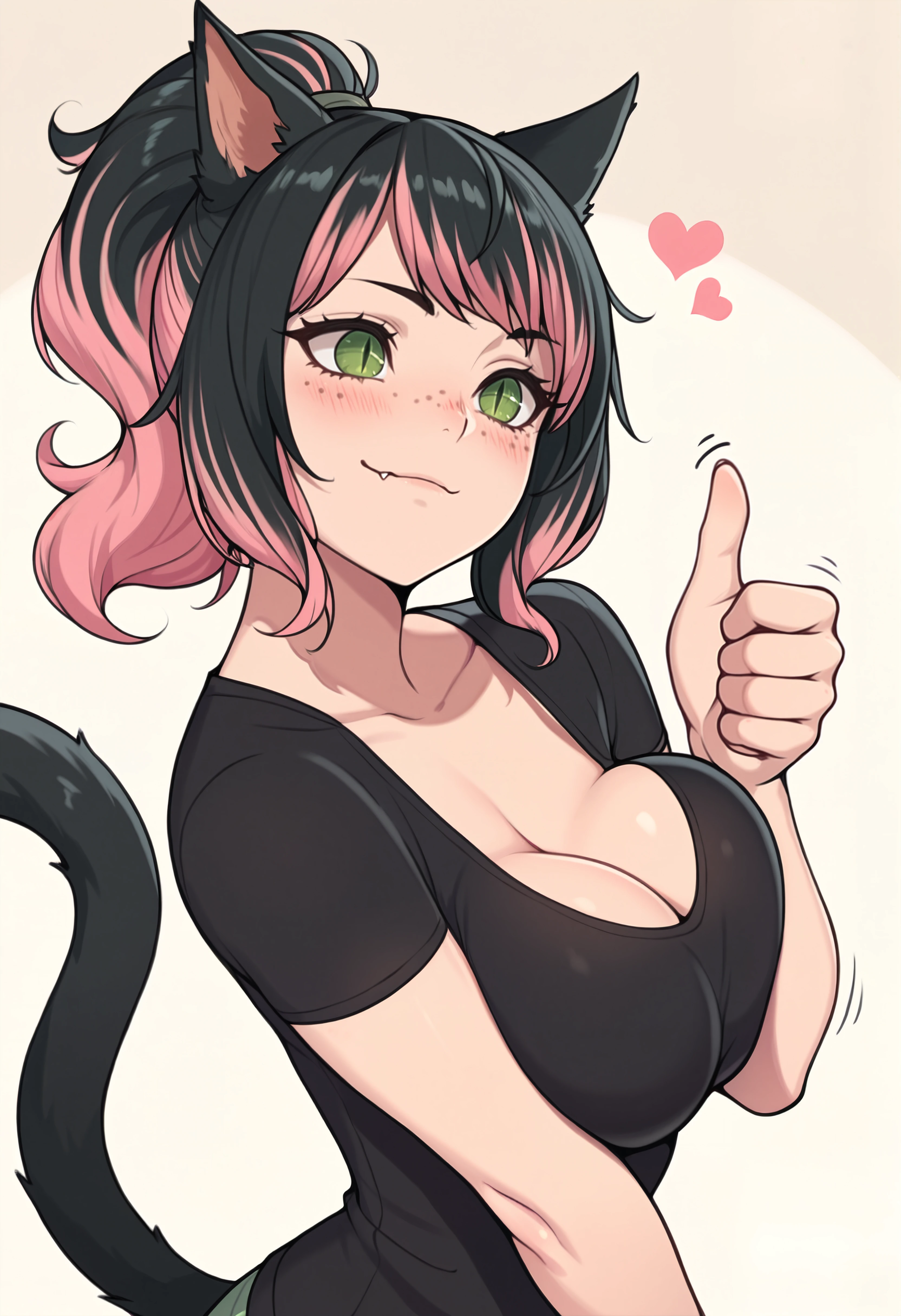 masterpiece, best quality, solo, 1girl, animal ears, black hair, pink hair, multicolored hair, ponytail, green eyes, slit pupils, freckles, cat tail, awe, heart, breast press, (biting own lip:0.6), thumbs up, blush, <lora:clamchan_illu:1>