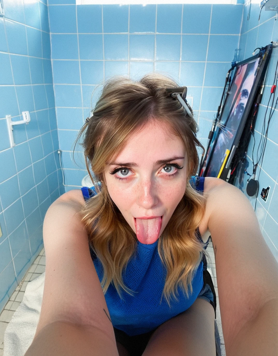 Beautiful handsome woman, ((top quality, 8k, masterpiece:1.3)), pretty woman, huge breasts:1.3, slender figure:1.1, elastic ginger long hair, (shower, wet body, wet clothes:1.1), very detailed face, detailed lips, detailed eyes, double eyelids, detailed blue eyes, extremely detailed outstanding blue eyes, ginger hair, ginger hair, naked ass, sitting spreading legs, huge round earrings, tattoo on the chest, detailed illustration of blowjob, flawlessly depicted 15cm penis, she is sucking male penis, male legs are illustrated too, medium size of the penis, flower wreath
