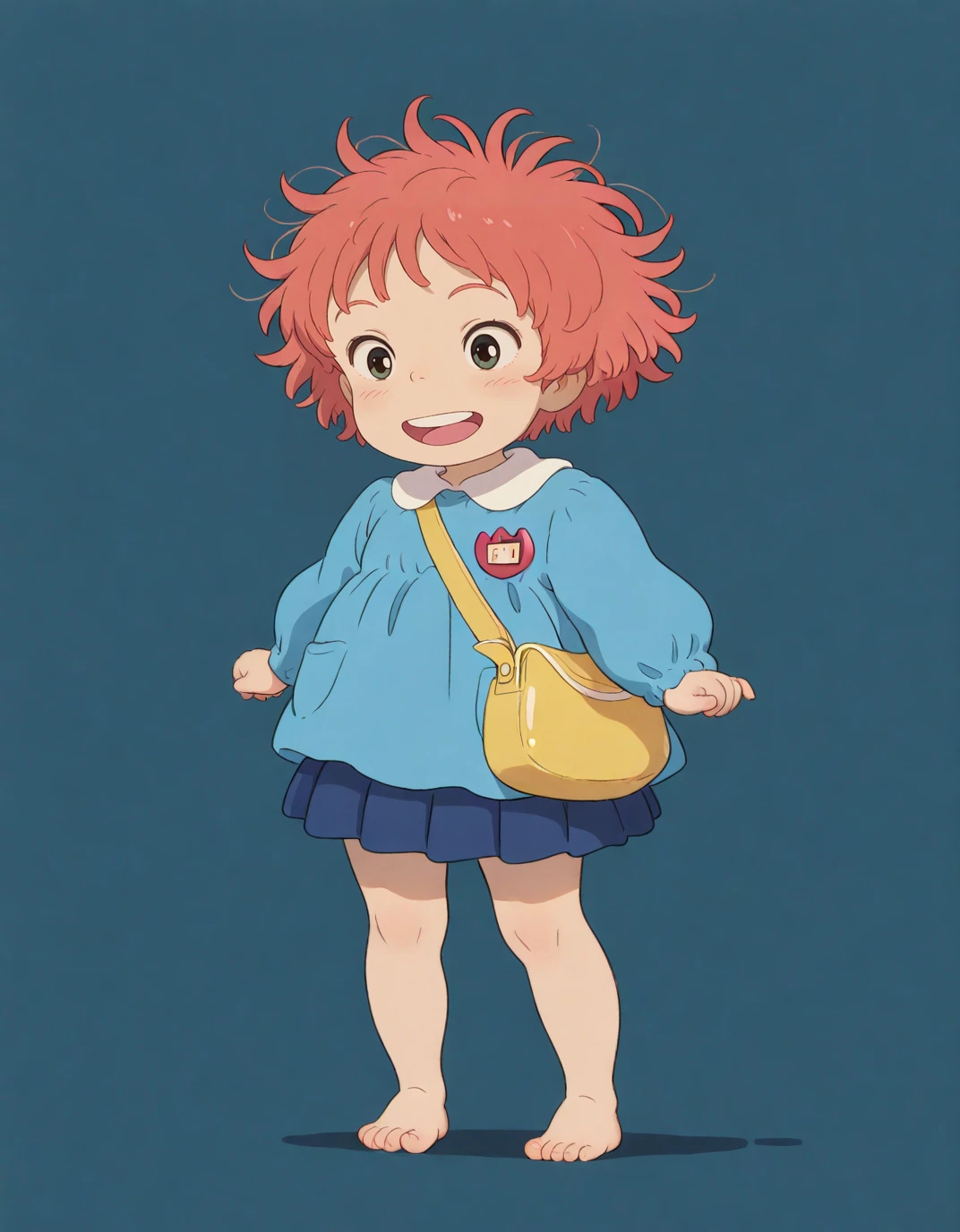 <lora:ai_styles_collection_noob_eps_v1:1>, masterpiece, best quality, absurdres,  <lora:Ponyo:0.8>, ponyo, 1girl, solo, child, short hair, orange hair, messy hair, kindergarten hat, kindergarten uniform, blue skirt, pleated skirt, kindergarten bag, smile, barefoot, open mouth, teeth, cute, simple background,