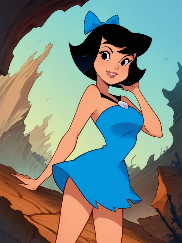 score_9, score_8_up, score_7_up, 1girl, dynamic pose, cowboy shot, looking at viewer, detailed background, smile, hand on hair, light smile, cavern, vegetation, blue walls, dutch angle, 
 <lora:ABettyRubble_character:0.85>, BettyXLP, short hair, hair bow, black hair, black eyes, blue short dress, bare legs, makeup, cartoon,  <lora:Disney_Renaissance:0.8>