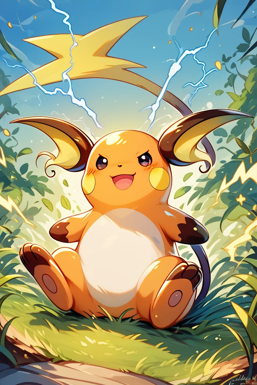 score_9, score_8_up, score_8,  ,,, , ,,, zzRaichu, raichu (pokemon), looking at viewer, smile, open mouth, standing, full body, :d, outdoors, black eyes, grass, electricity,  ,<lora:RaichuPokedexPDXL:1.0>,  ,,,, BREAK, ,,, smile, looking at viewer, blush, blurry, couch, sitting, ,,, shiny skin, <lora:ProAnime_PDXL_v1:0.7>, ,,, embedding:zPDXL, Expressiveh, <lora:SDXLFaeTastic2400:0.5>, <lora:Expressive_H-000001:0.4>,