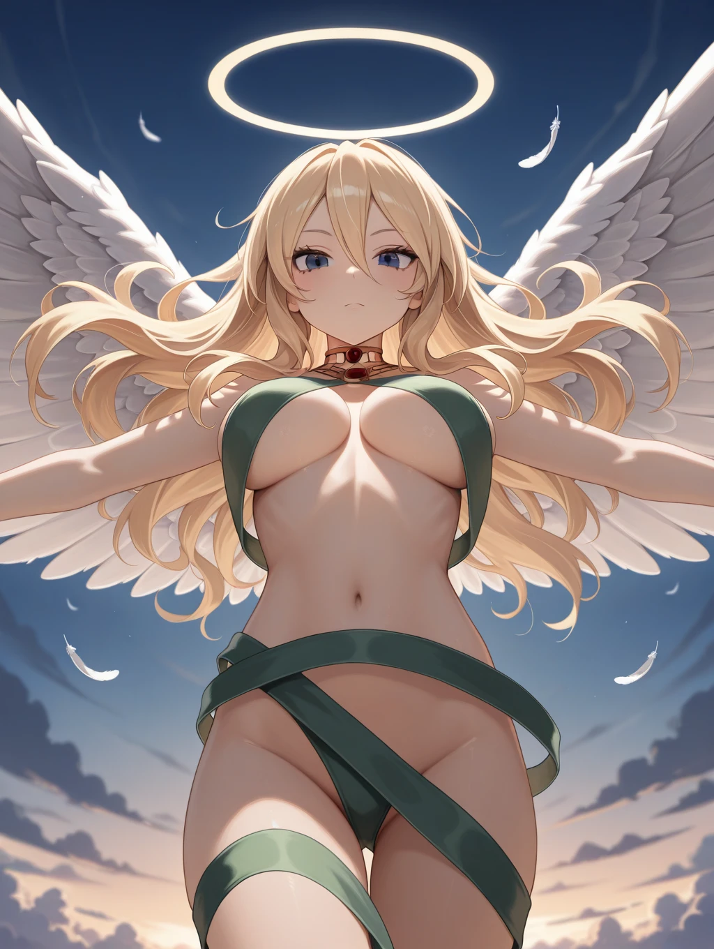 1girl, solo, Micaela, blonde hair, long hair, blue eyes, wings, angel wings, feathered wings, angel, angel, jewelry, underboob, bikini, star symbol, halo, naked ribbon, ribbon,

heaven, clouds, flying, dynamic pose, close up,

masterpiece, best quality,amazing quality, very aesthetic, absurdres, depth of field, blurry background, dark, extremely detailed face, detailed eyes, dark colors, (dynamic pose)