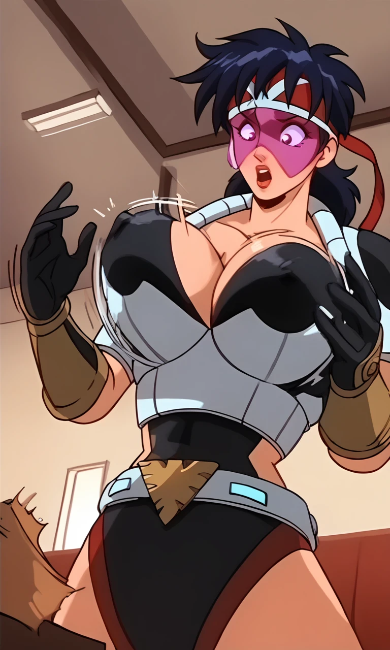 sl1c3d1c3, 1girl, large breasts, htbtas,shiflybutton, popped button, flying button, wardrobe malfunction, bursting breasts, button gap, cleavage, breast expansion, covered nipples, headband, tinted visor, shoulder pads, black leotard, small armor bustier, black gloves, gold bracers, belt, motion blur, motion lines, bouncing breasts, alternate breast size, surprised, mouth open, (looking down), looking at own breasts, indoors, seated, legs crossed, restaurant background, <lora:shiFlyingButtonV1:0.8>, <lora:Sliced_Ice_-_Skysurfer_Strike_Force_v1:0.7>, score_9, score_8_up, score_7_up, score_6_up, score_5_up, score_4_up,