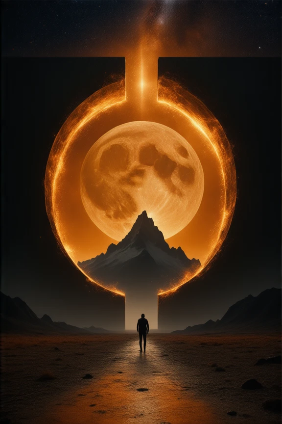 A surreal fantasy scene featuring a giant omega symbol-shaped portal opening to a breathtaking, autumn landscape. Inside the portal, a towering mountain floats under a sky filled with galaxies and stars and the cresent moon. In the foreground, a lone figure stands, gazing at the otherworldly landscape beyond the portal. The sky outside the portal is filled with darkness, while the scene inside the portal is illuminated by ethereal light, blending warm hues of orange and yellow. The image is captured in hyper-realistic 8K UHD cinematic photography style, with nuanced attention to detail. --chaos 20 --ar 1:2 --style raw --stylize 250 --ar 128:85 --v 6.0, (UHD:1.4), structured skin, beautiful colors, detailed skin, perfect natural face, (sfw:1.4), dynamic pose,suprn1j1