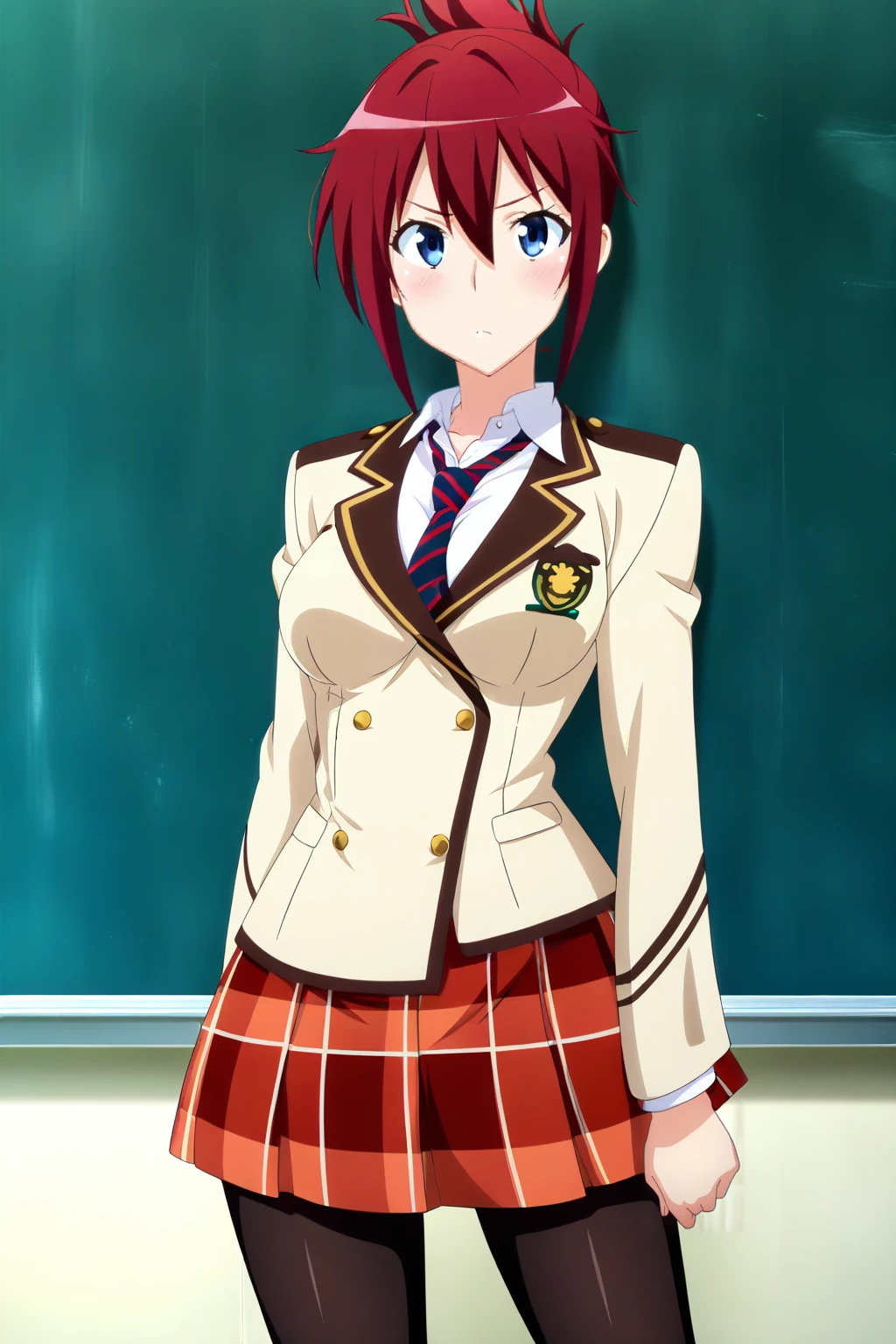 anime screenshot, rail wars!, sakurai aoi, 1girl, solo, red hair, folded ponytail, blue eyes, medium breasts, school uniform, blazer, brown jacket, white shirt, collared shirt, long sleeves, red skirt, plaid skirt, pleated skirt, blue necktie, red necktie, two-tone necktie, striped necktie, black pantyhose,looking at viewer, standing, cowboy shot, indoors, classroom, chalkboard, masterpiece, best quality, high quality, highres, absurdres, <lora:sakurai_aoi_ILXL:0.9>