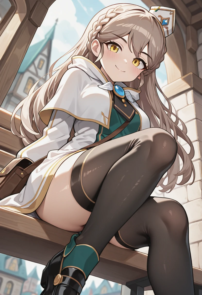 masterpiece,best quality,absurdres,perfect lighting,fantasy,town,wooden bench,sitting,smile,from below,
*//*,<lora:BishopNew_Illustrious:1>,bishop_new,brown hair,long hair,braid,bangs,yellow eyes,dress,white dress,long sleeves,white capelet,black thighhighs,black footwear,shoes,hat,bag,
*//*,looking at viewer,cowboy shot,dutch angle,dynamic pose,smile,