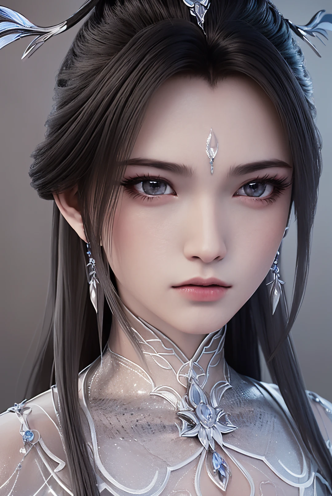 1girl,solo,l long hair,l hair ornament,grey eyes,l earrings,l hanfu,closed mouth,((looking at viewer)),((grey background)),portrait,depth of field,Highly detailed,(ultra-detailed),(best quality:1.5,masterpiece:1.5),(SFW:1.5),<lora:luxueqi-000012:0.9>,