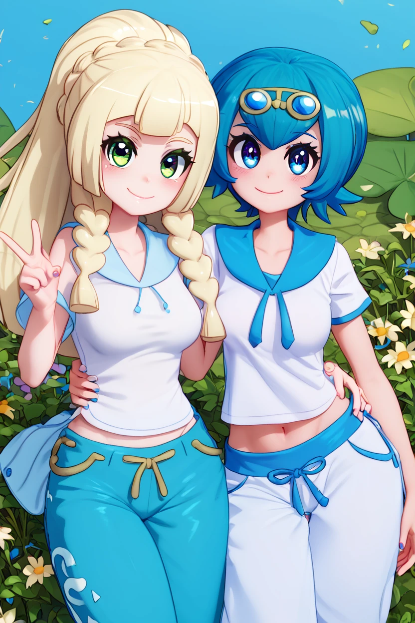 score_9, score_8_up, score_8, medium breasts, (curvy), cute, eyelashes,       ,,, , LllLn, 2girls,  zzLana, yellow hairpiece, blue hair, white shirt, sleeveless shirt,  sailor collar, blue pants, baggy pants, zzlillie, long hair, French braid, white shirt, short sleeves, white skirt, pleated skirt, ,<lora:LillieLanaPDXL:0.8>,  ,,,, BREAK, smile, closed mouth, looking at viewer, cowboy shot,  ,,, embedding:zPDXL, Expressiveh, ,,, <lora:MantisStyle_PDXL_v2:0.8>, <lora:SDXLFaeTastic2400:0.5>, <lora:Expressive_H-000001:0.4>,