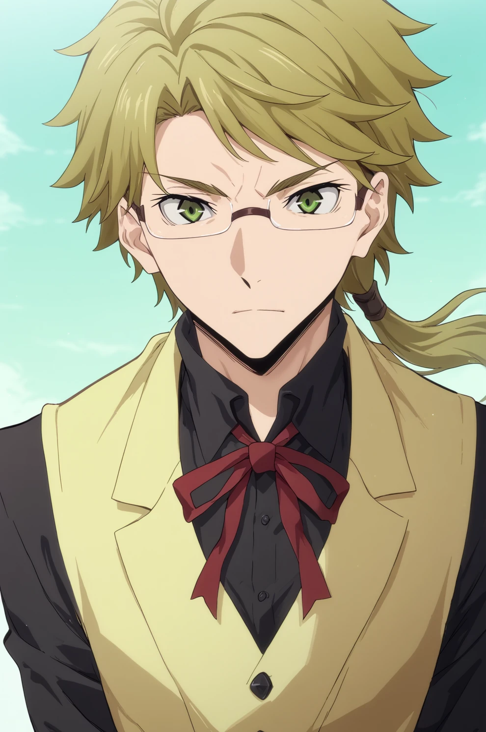 score_9, score_8_up, score_7_up, source_anime, perfect lines, 1boy, male focus, kunikida doppo, blonde hair, ponytail, glasses, black shirt, yellow vest, red ribbon, neck ribbon, green eyes, long sleeves <lora:bungosd:1>