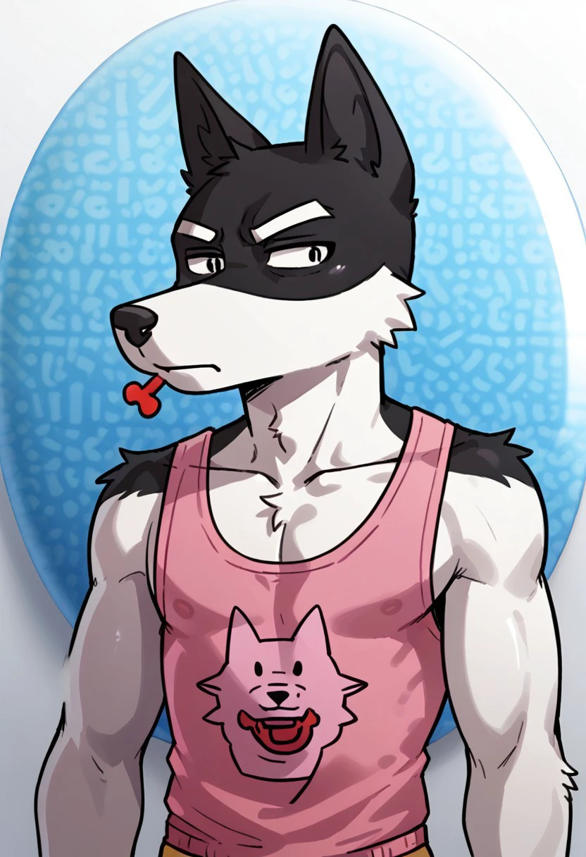 Doggo Undertale, Black and white fur, Black iris, male dog, furry, male, muscular, pink tank top, sword, portrait,  solo, suspicious stare