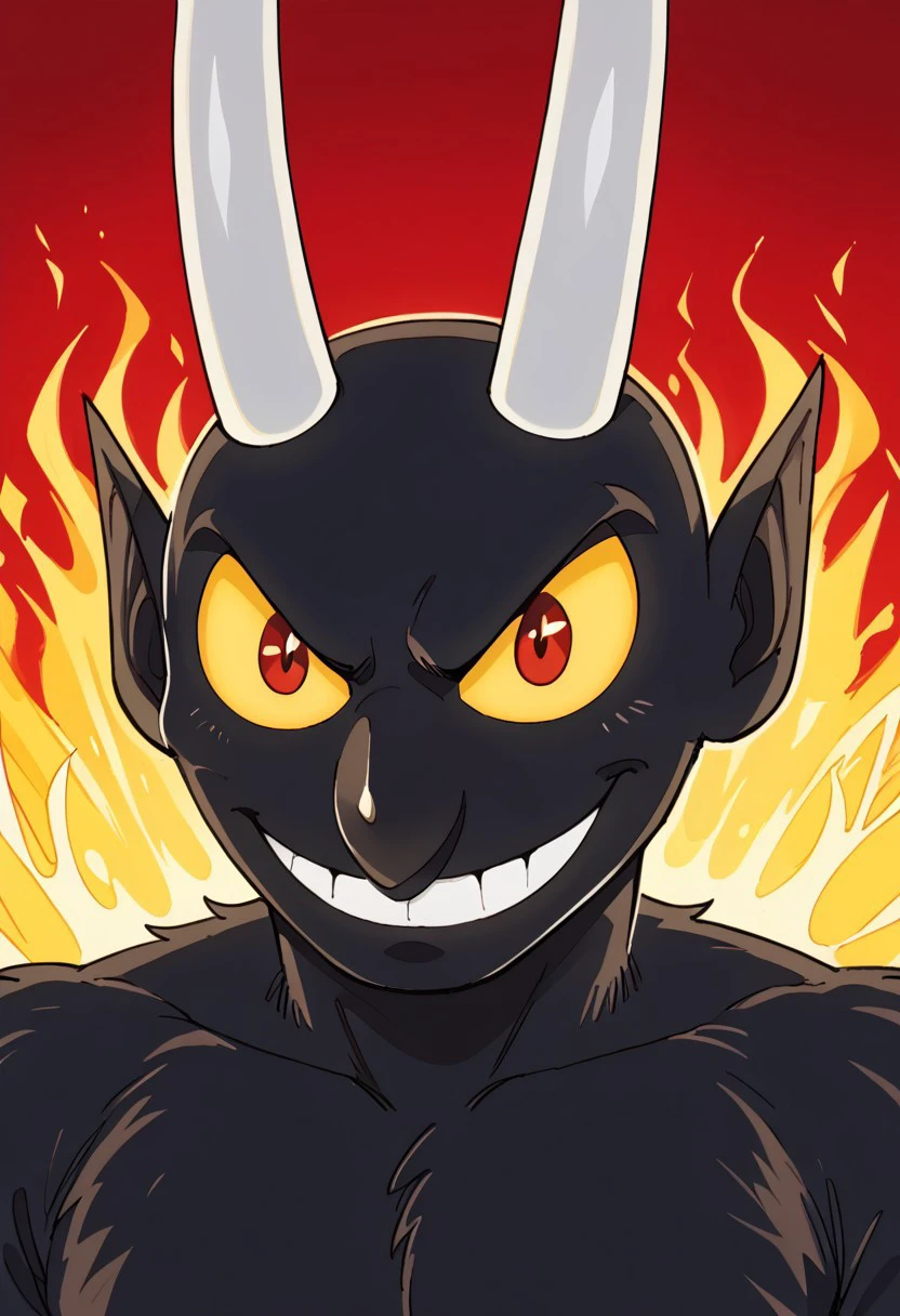 The Devil, Black fur, yellow sclera, red eyes, long horns, pointy ears, portrait, solo