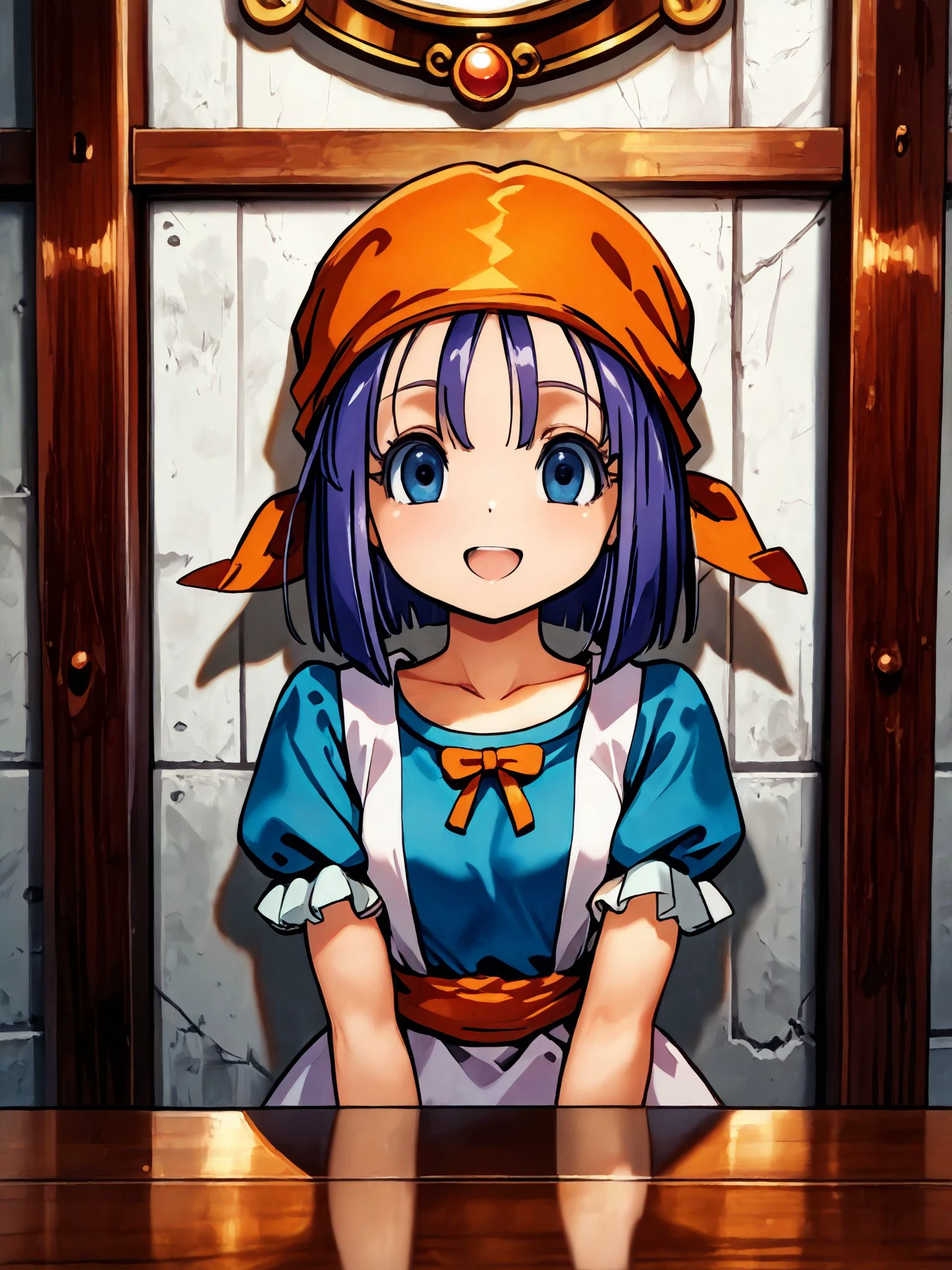 masterpiece,best_quality,1girl,solo,<lora:rikka dq9 2outfits_illustriousXL:0.8>,rikka dq9,bandana,dress,apron,upper body,standing,smile,open mouth,counter,against wall,looking at viewer,straight-on,