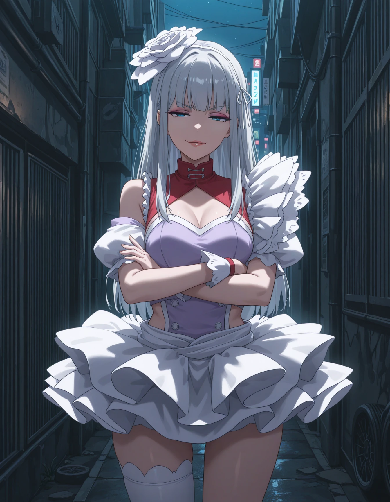 1girl, solo, manamiAMW, grey hair, long hair, blue eyes, makeup, lips, smug, narrowed eyes, white hair ornament, white clothing, light purple clothes, asymmetrical clothes, white skirt, asymmetrical legwear, white thighhigh, crossed arms, night, dark theme, city, alley, concrete, cowboy shot, masterpiece, best quality, very aesthetic <lora:manami_supernova_yamagishi_i_v1:0.8>