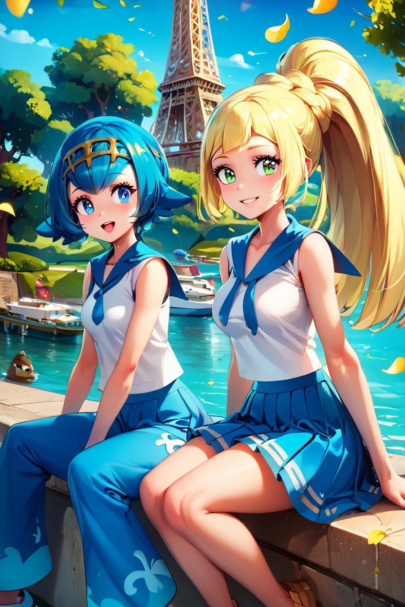 score_9, score_8_up, score_8, medium breasts, (curvy), cute, eyelashes,       ,,, , LllLn, 2girls,  zzLana, yellow hairpiece, blue hair, white shirt, sleeveless shirt,  sailor collar, blue pants, baggy pants, zzlillie, long hair, ponytail, French braid, white shirt, short sleeves, white skirt, pleated skirt, ,<lora:LillieLanaPDXL:0.8>,  ,,,, BREAK, zzEiffelTower in background, sitting, watercraft, boat, sitting on wall, side view, looking at viewer, smile, ,,, BREAK, blooming stars, luminescent petals, otherworldly fragrance blurry background, ,,, embedding:zPDXL, Expressiveh, ,,, <lora:EiffelTowerPDXL:1.0>, <lora:CatalystStylePDXL:0.6>, <lora:SDXLFaeTastic2400:0.5>, <lora:Expressive_H-000001:0.4>,