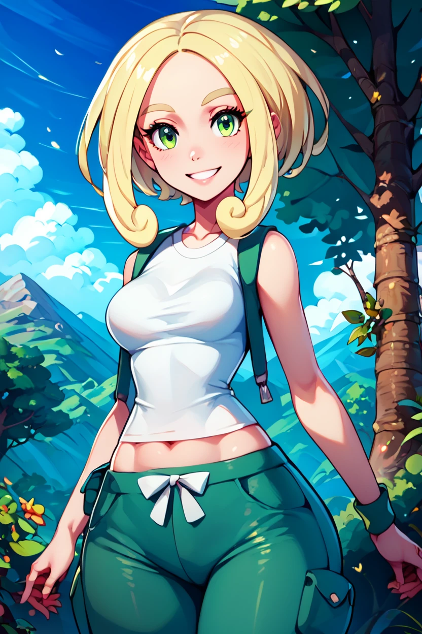 score_9, score_8_up, score_8, medium breasts, (curvy), cute, eyelashes,       ,,, , ,,, zzViola, green eyes, blonde hair, sleeveless shirt, white shirt, wristband, green pants, midriff, <lora:Viola_Pokemon_PDXL:0.8>,      ,,,, BREAK, looking at viewer, smile, outdoors, sky, day, cloud, tree, blue sky, mountain, cowboy shot, ,,, embedding:zPDXL, Expressiveh, ,,, <lora:Alola_Style_PDXL:0.8>, <lora:CatalystStylePDXL:0.8>, <lora:Expressive_H-000001:0.4>,