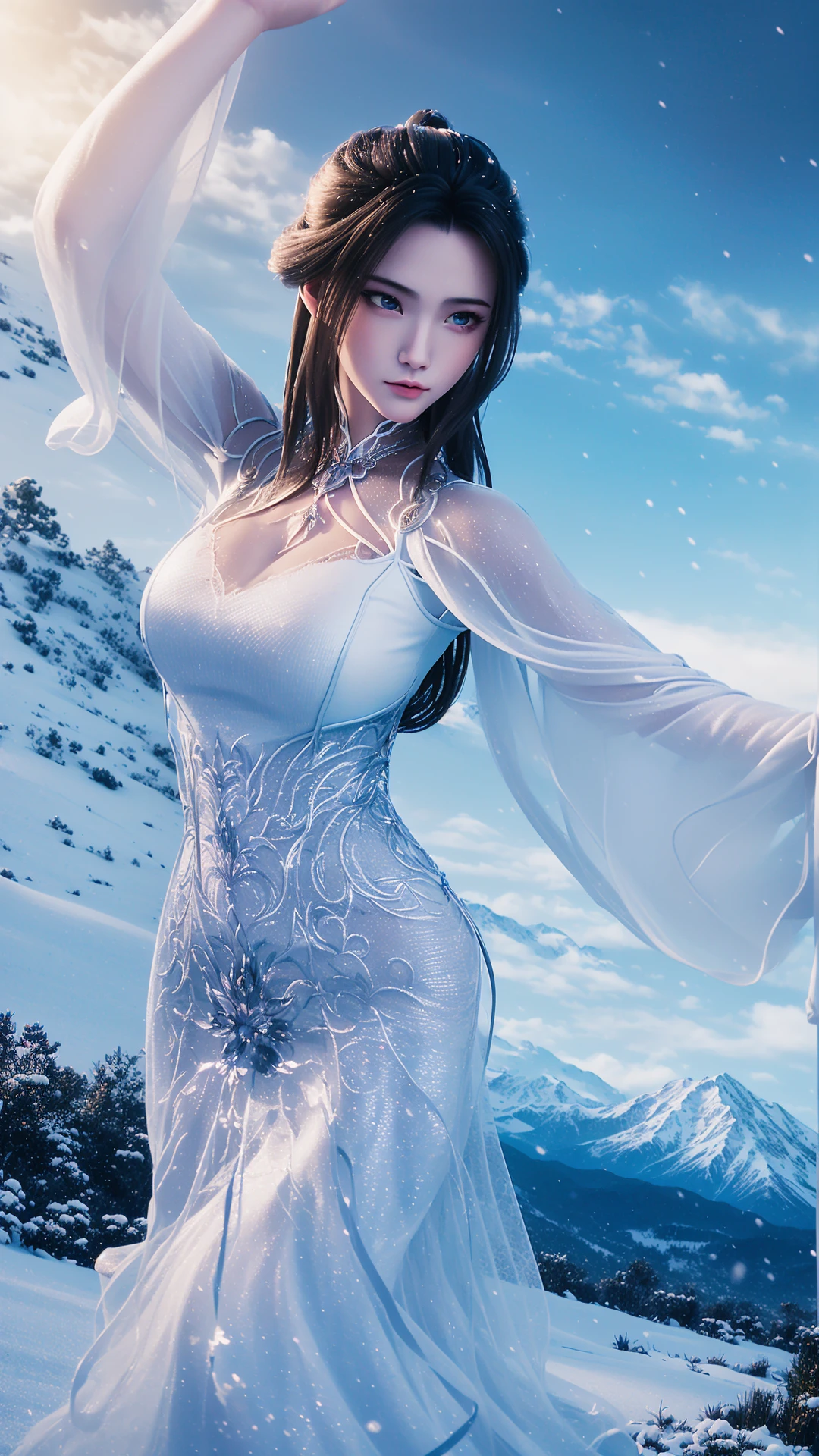 1girl,solo,medium hair,l hanfu,closed mouth,happy,dancing,outdoors,((glowing)),day,sky,((sunlight)),((snow landscape,mountain)),romantic,fantasy style,depth of field,Highly detailed,(ultra-detailed),(best quality:1.5,masterpiece:1.5),(SFW:1.5),<lora:luxueqi-000012:0.9>