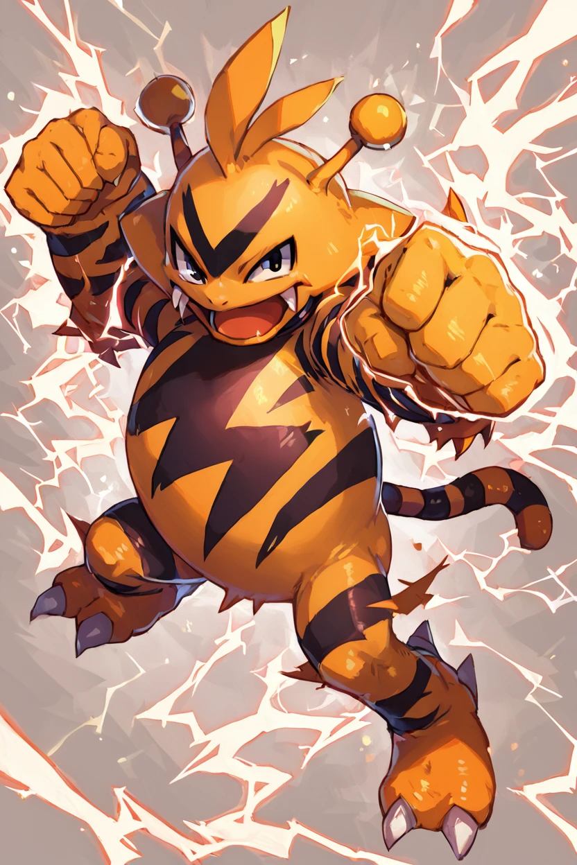 score_9, score_8_up, score_8,  ,,, , ,,, zzElectabuzz, looking at viewer, open mouth, full body, tongue, black eyes, fangs, claws, clenched hands, electricity, punching, incoming attack, <lora:ElectabuzzPokedexPDXL:1.0>,   ,,,, BREAK, smile, looking at viewer, cowboy shot, ,,, embedding:zPDXL, Expressiveh, ,,, <lora:Zankuro_Style_PDXL:0.8> <lora:SDXLFaeTastic2400:0.5>, <lora:Expressive_H-000001:0.4>,