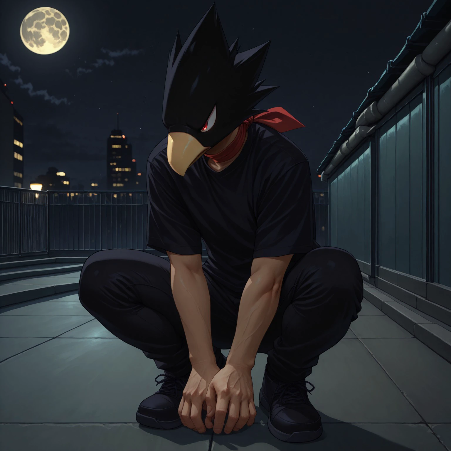 masterpiece, best quality, realistic, fumikagetokoyami, solo, full body, 1boy, animal head, black head, red eyes, beak, red neckwear, black shirt, black pants, black footwear, BREAK, full moon, rooftop