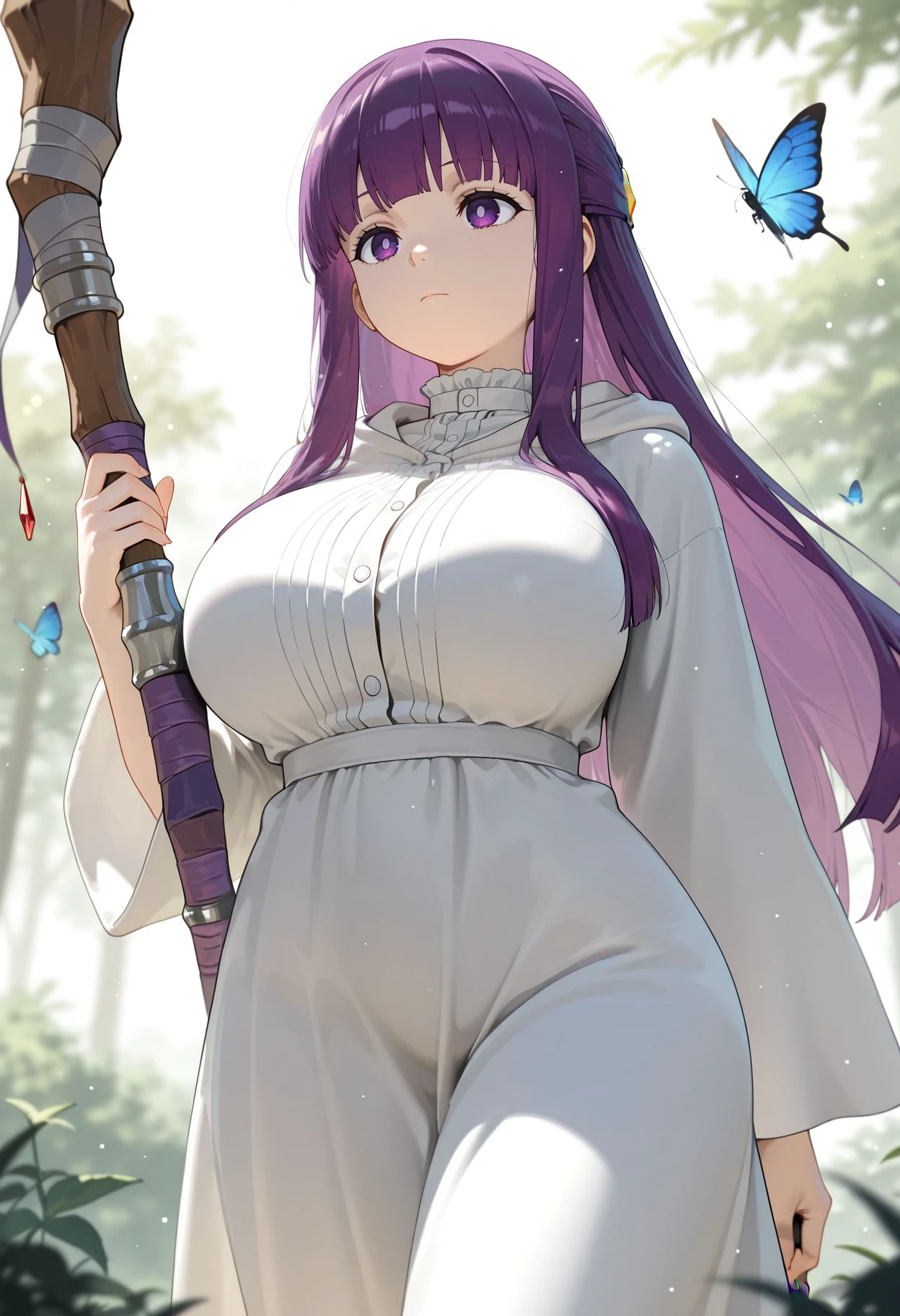 masterpiece,best quality,amazing quality, absurdres, 8k,fern \(sousou no frieren\), 1girl, blue butterfly, breasts, bug, butterfly, closed mouth, dress, holding, holding weapon, insect, large breasts, light particles, long hair, mage staff, outdoors, purple eyes, purple hair, robe, , solo, staff, weapon, white robe