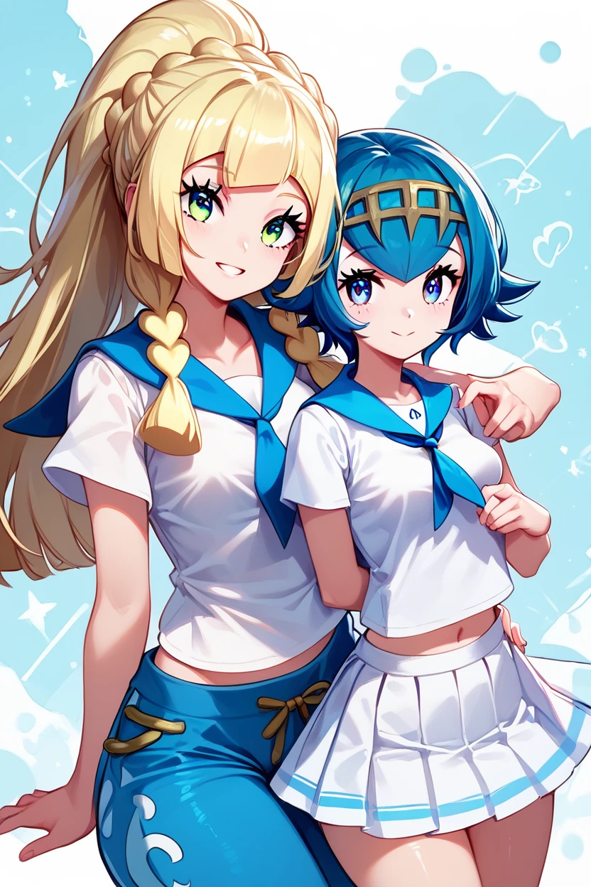 score_9, score_8_up, score_8, medium breasts, (curvy), cute, eyelashes,      ,,,  LllLn, 2girls,  zzLana, yellow hairpiece, blue hair, white shirt, sleeveless shirt,  sailor collar, blue pants, baggy pants, zzlillie, long hair, French braid, white shirt, short sleeves, white skirt, pleated skirt,  cowboy shot,   ,<lora:LillieLanaPDXL:0.8>,  <lora:ProAnime_PDXL_v1:0.7>,  ,,, embedding:zPDXL, Expressiveh, <lora:SDXLFaeTastic2400:0.5>,  <lora:Expressive_H-000001:0.4>,