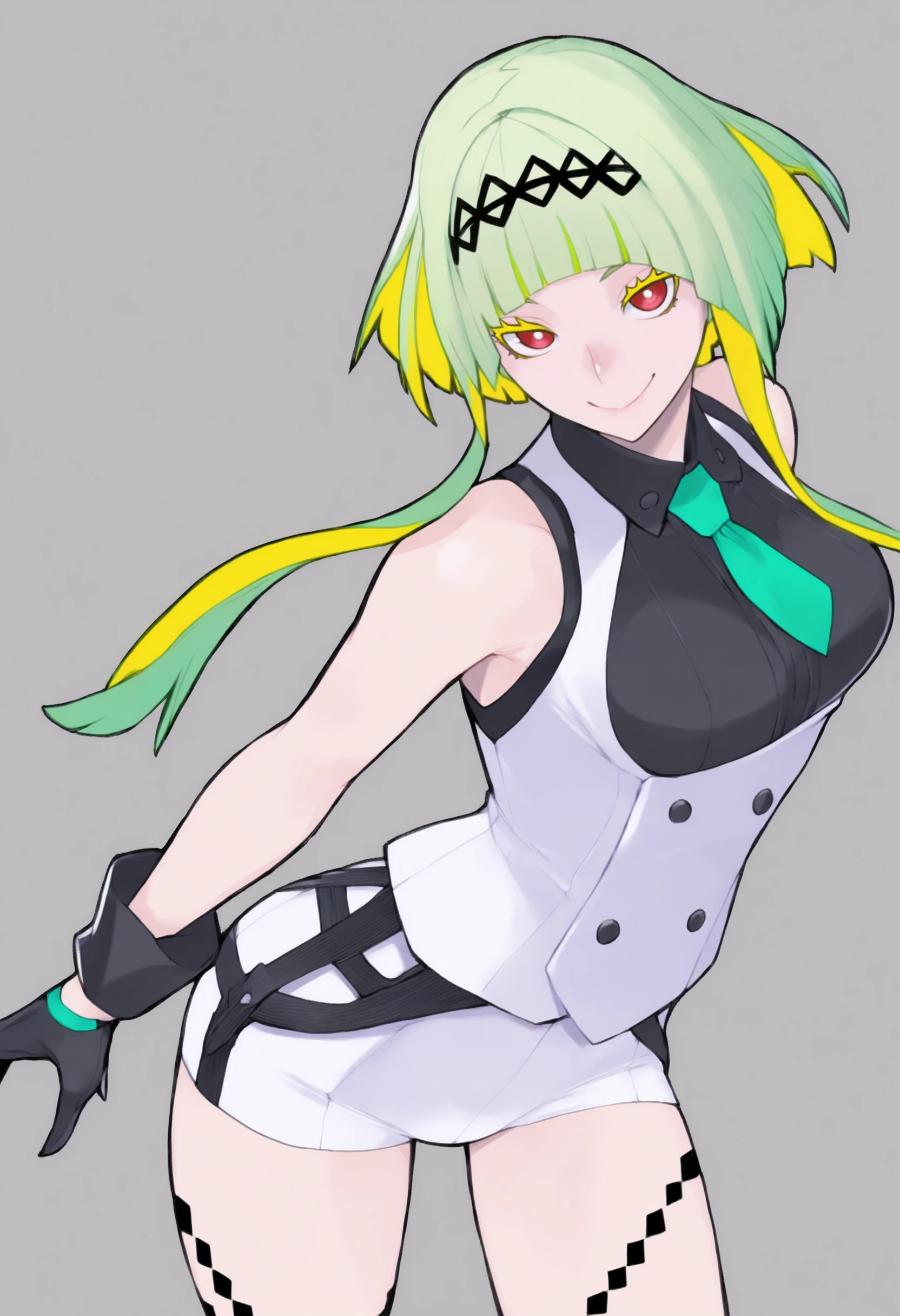 masterpiece, best quality, solo, 1girl, smile, looking at viewer,  <lora:Ringo-illus_Fp:1>, ringosh2, short hair with long locks, red eyes, green hair, colored inner hair, colored eyelashes, hairband, collared shirt, white vest, white shorts, necktie, black shirt, body markings, gloves, sleeveless, <lora:Yasuda-Suzuhito-illus_Fp:1>, simple background,