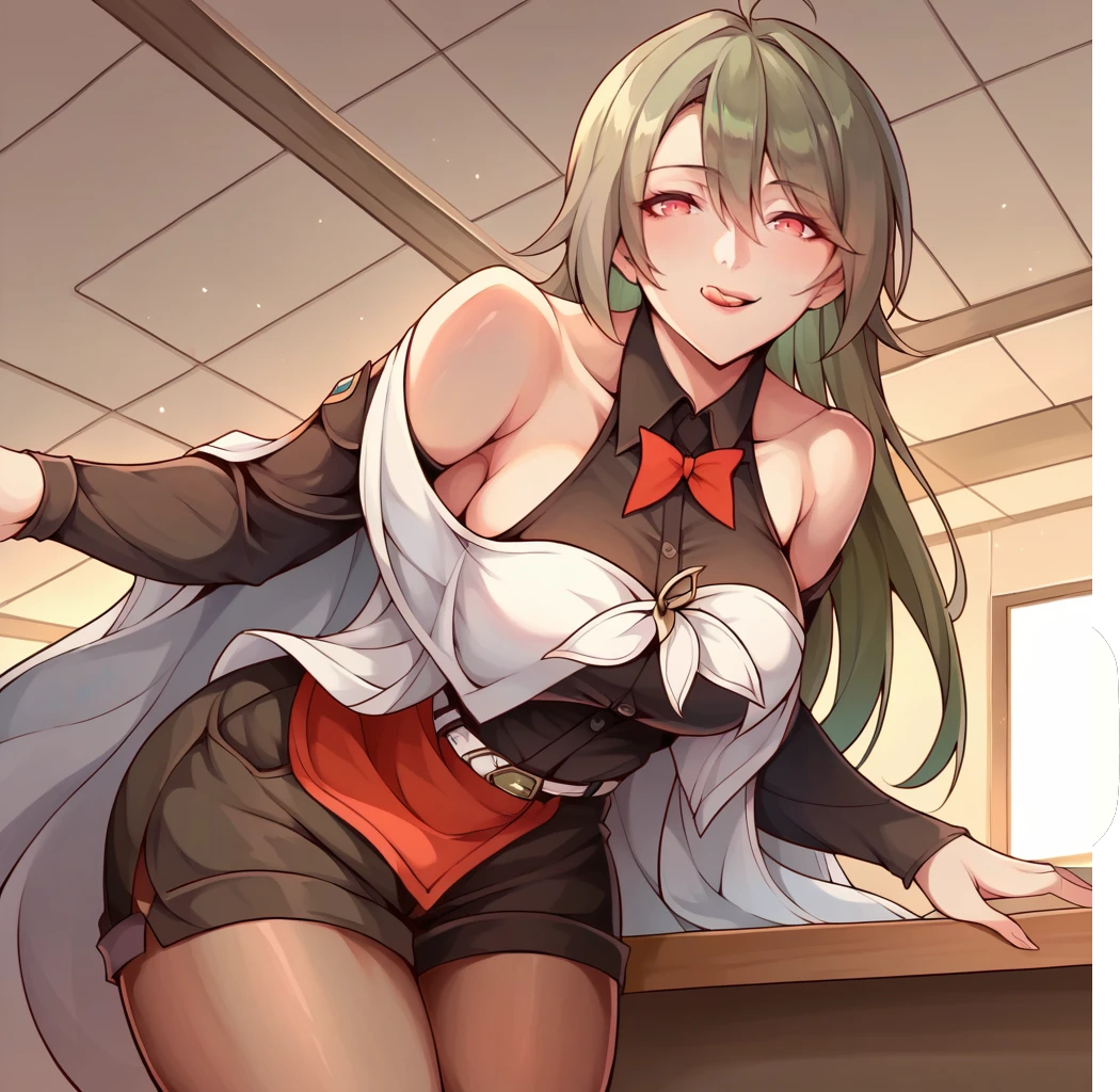 score_9_up, score_8_up, score_7_up, source_anime, 1girl, solo, cafe interior, standing, from below, leaning forward, hand on table, across table, half-opened eyes, naughty smile, open mouth, looking at you, licking own lips, Vita, Vi_Kf, green hair, grey hair, long hair, red eyes, ahoge, halter shirt, black shirt, collared shirt, medium sleeves, detached sleeves, alternate black sleeves, red bowtie, white shawl, shawl, white ribbon, bare shoulders, high-waist shorts, black shorts, white belt, red apron, brown pantyhose, pantyhose, mature body, dynamic cowboy shot, 