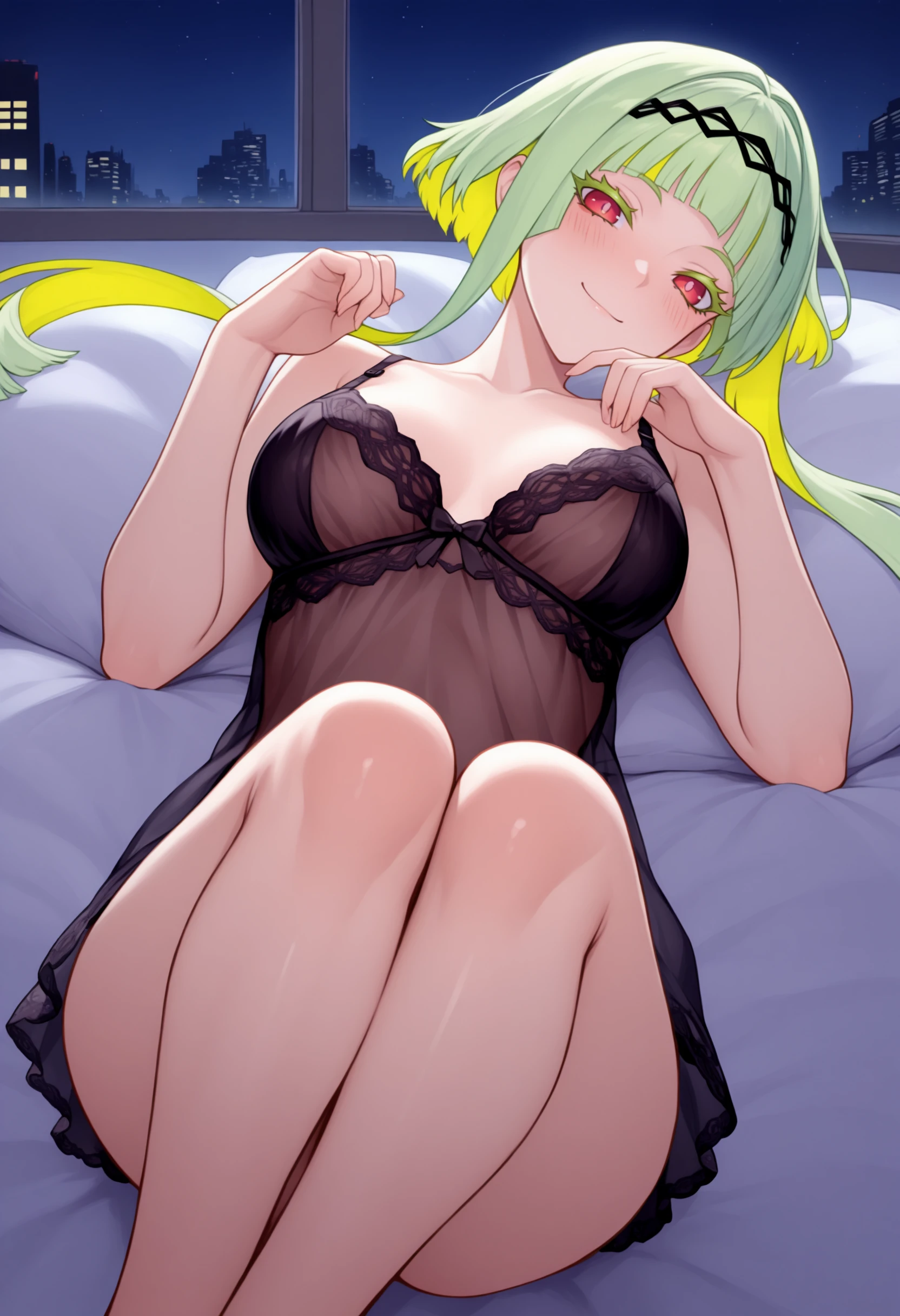 masterpiece, best quality, solo, 1girl, smile, looking at viewer,  <lora:Ringo-illus_Fp:1>, ringosh2, short hair with long locks, red eyes, green hair, colored inner hair, colored eyelashes, hairband, lingerie, on bed, on back, blush, legs together, window, night,