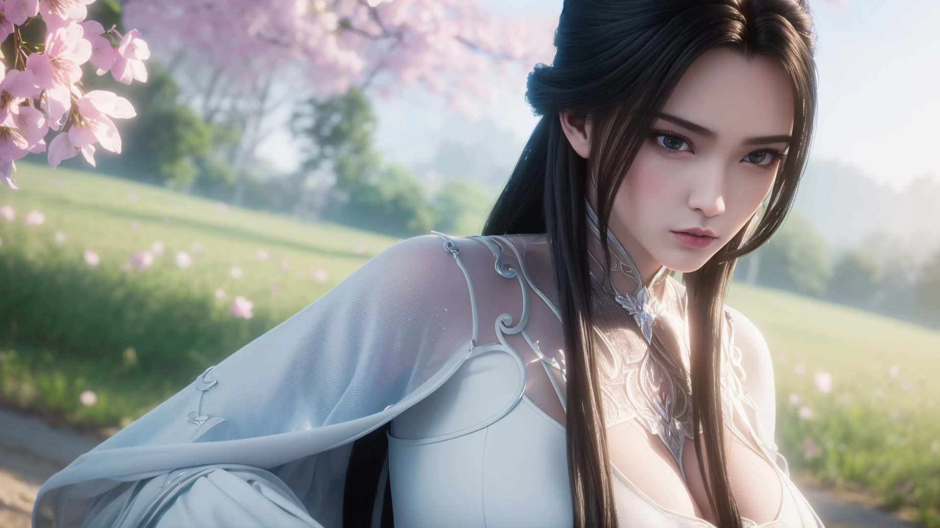 1girl,solo,l long hair,l hair bun,l hair ornament,l hanfu,closed mouth,(gigantic breasts),looking at viewer,outdoors,((magic,electricity)),((glowing)),day,sky,((at sunlight)),((cherry blossoms)),romantic,fantasy style,upper body,depth of field,Highly detailed,(ultra-detailed),(best quality:1.5,masterpiece:1.5),(SFW:1.5),<lora:luxueqi-000012:0.85>,<lora:ç»èè°æ´2.0:0>,