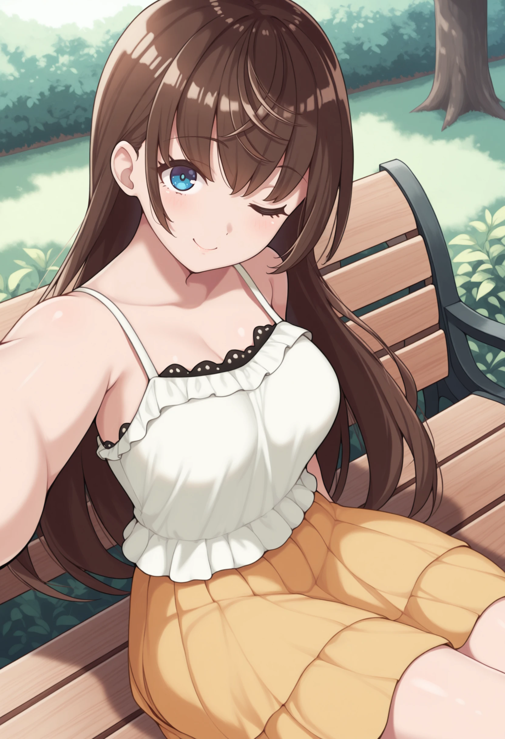 masterpiece, best quality, solo, 1girl, smile, looking at viewer,  <lora:Mio-illus:1>, mio, brown hair, blue eyes, long hair, white camisole, yellow skirt, outdoors, sitting, selfie, one eye closed, bench,