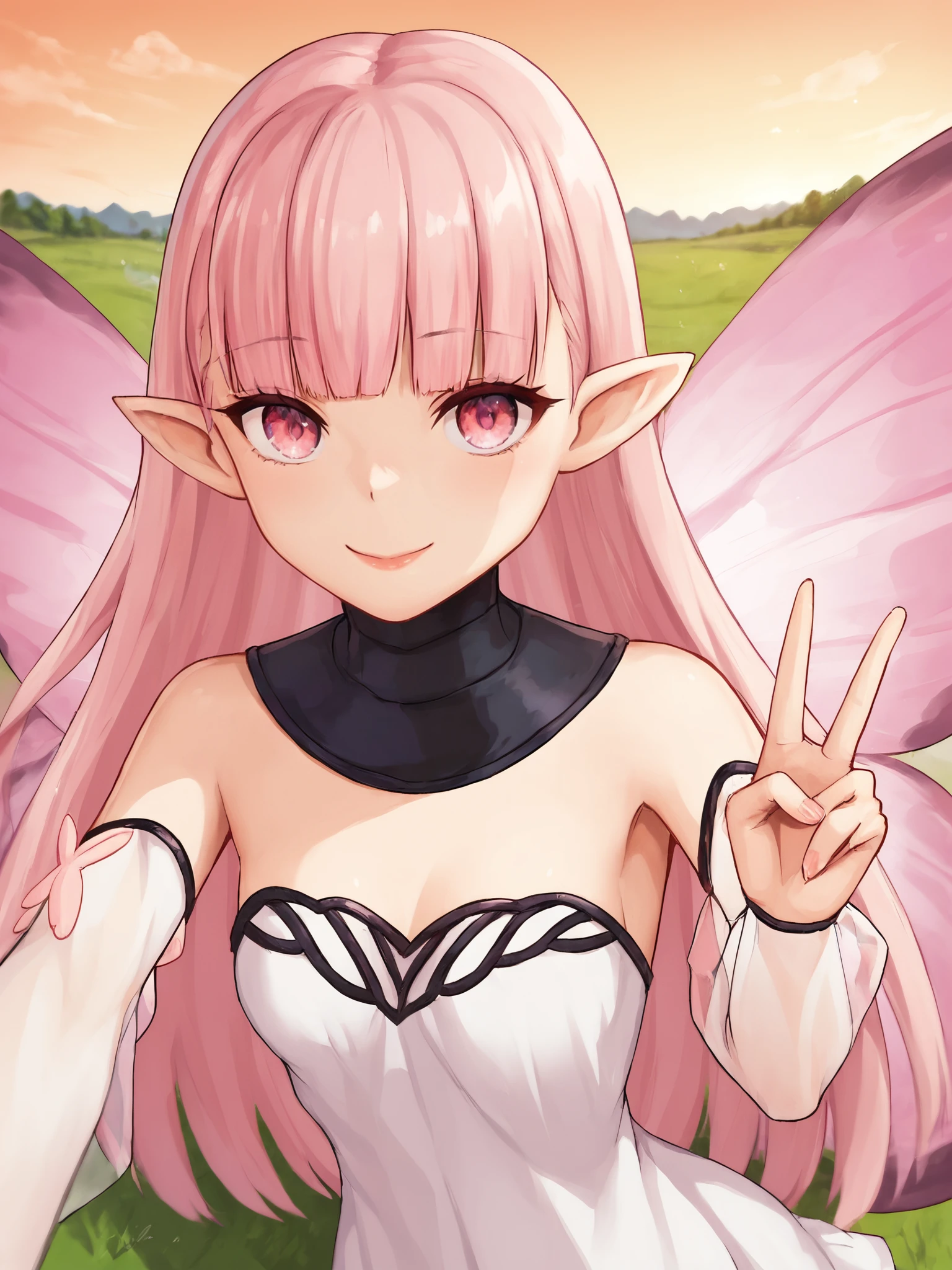 score_9, score_8_up, score_7_up, BREAK,
1girl, solo, BREAK,
coralfategrandorder, fairy, pink eyes, pointy ears, long hair, pink hair, blunt bangs, white dress, detached sleeves, bare shoulders, puffy sleeves, butterfly ornament, see-through sleeves, medium breasts, butterfly wings, fairy wings, insect wings, pink wings,  <lora:Coral:0.7>, BREAK,
small breasts, smile, looking at viewer, selfie, v, peace sign, reaching towards viewer, hand out of frame, BREAK,
from above, dutch angle, outdoors, village, field, skyline, (orange sky:1.1)