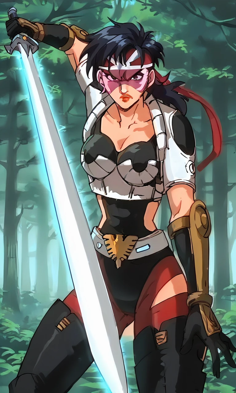 sl1c3d1c3, 1girl, impaling, holding sword, blue energy beam from sword, headband, tinted visor, shoulder pads, black leotard, black gloves, gold bracers, armor bustier, belt, red thighhighs, red lips, looking at viewer, angry, forest background, <lora:Sliced_Ice_-_Skysurfer_Strike_Force_v1:0.8>, <lora:impaling:0.7>, score_9, score_8_up, score_7_up, score_6_up, score_5_up, score_4_up,