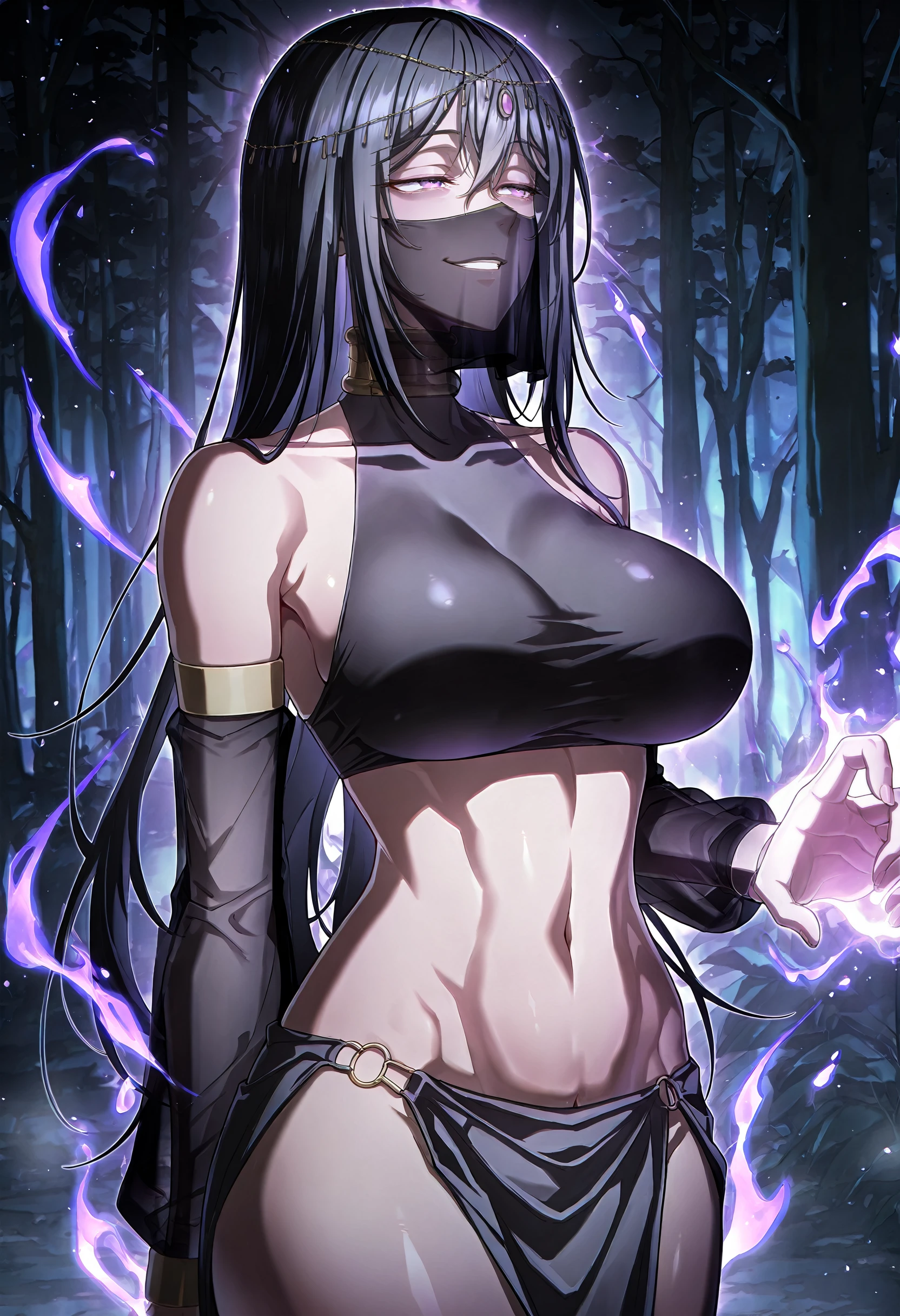 masterpiece, best quality, amazing quality, very aesthetic, absurdres, newest, scenery, 1girl, solo, huge breasts, half-closed eyes, grin,<lora:Amelia Merwin illustxl:1> veil, long hair, mouth veil, black hair, purple eyes, circlet, hair between eyes, arabian clothes, gold choker, turtleneck, covered collarbone, bare shoulders, black crop top, detached sleeves, see-through sleeves, midriff, navel, o-ring, waist cape, pelvic curtain, purple aura, magic, standing, forest, dark, night, outside, looking away, shiny skin, masterpiece, best quality, amazing quality, very aesthetic, absurdres, newest, scenery