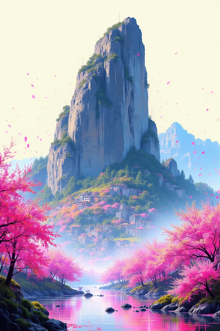 A majestic granite boulder crowns the crest of a rolling hill, overlooking a quaint village below. Soft cherry blossom petals drift lazily from the trees, like pink snowflakes, as the gentle morning light casts a warm glow. In Ultra High Definition, every detail is rendered with precision and clarity. The scene is painted in Watercolor hues, with delicate brushstrokes evoking the subtle play of light on stone. A serene stream meanders through the valley, its gentle song punctuating the stillness. The entire landscape is executed in exquisite Chinese ink drawing style, with bold lines defining the contours of the hillside and village below.,cbr-styl