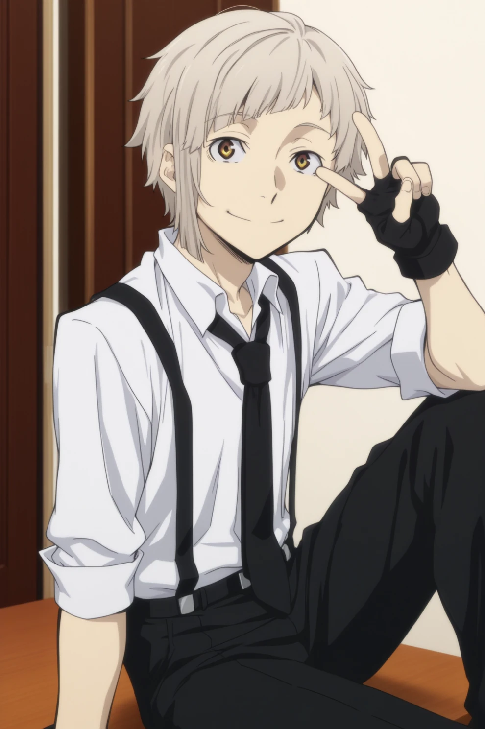 <lora:bsdillust:1>, 1boy, male focus, nakajima atsushi, grey hair,  white shirt, black necktie, suspenders, black pants, fingerless gloves, sitting, smile, looking at viewer, hand up, v, masterpiece, best quality