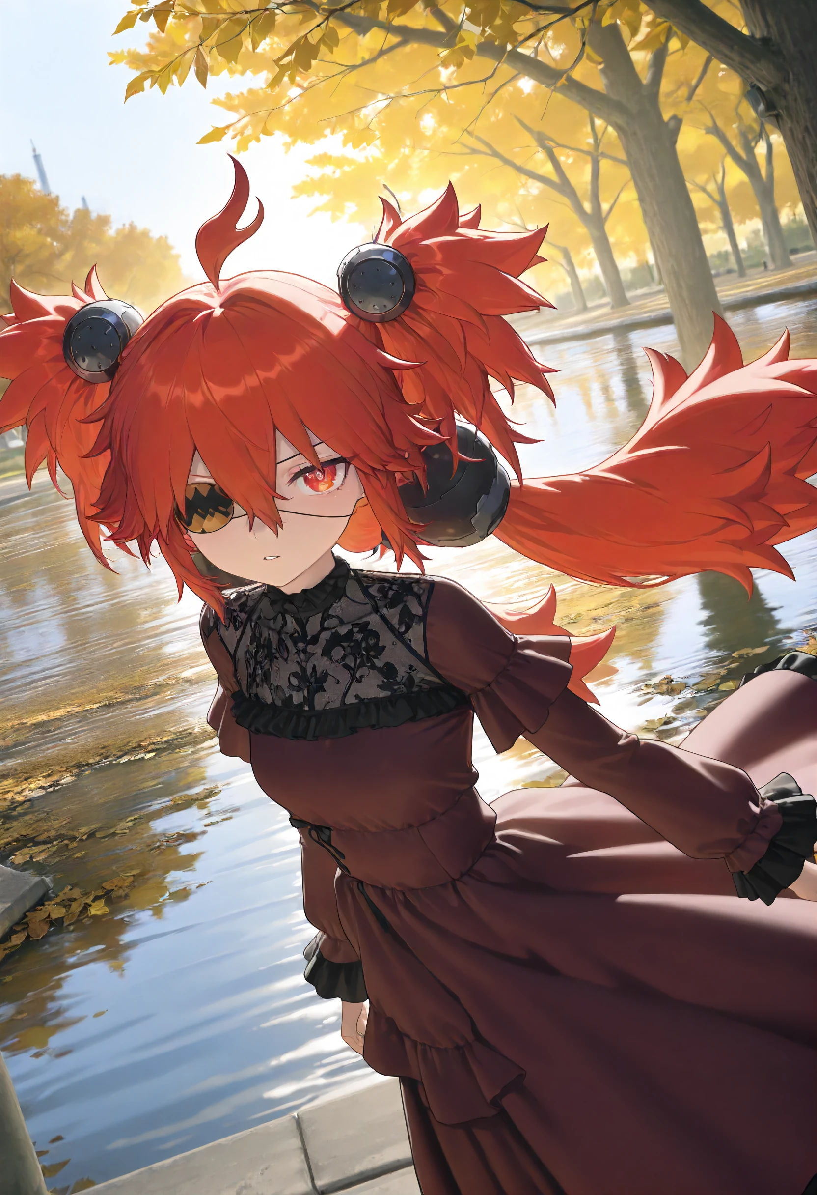 masterpiece, best quality, amazing quality, very aesthetic, absurdres, newest, scenery, volumetric lighting, perfect eyes, ultra detailed,
1girl, Koleda Belobog, solo, red hair, messy hair, red eye, twintails, ahoge, eyepatch,
maroon dress, beautiful dress, frills, autumn leaves dress design,
looking at viewer, parted lips, dynamic pose, dutch angle, beautiful photo,
park, trees, river, walkway, detailed background,  backlighting,
<lora:Koleda_Belobog_-_Zenless_Zone_Zero_ZZZ__Illustrious:0.8>
masterpiece, best quality, amazing quality, very aesthetic, absurdres, newest, scenery, volumetric lighting, perfect eyes, ultra detailed,