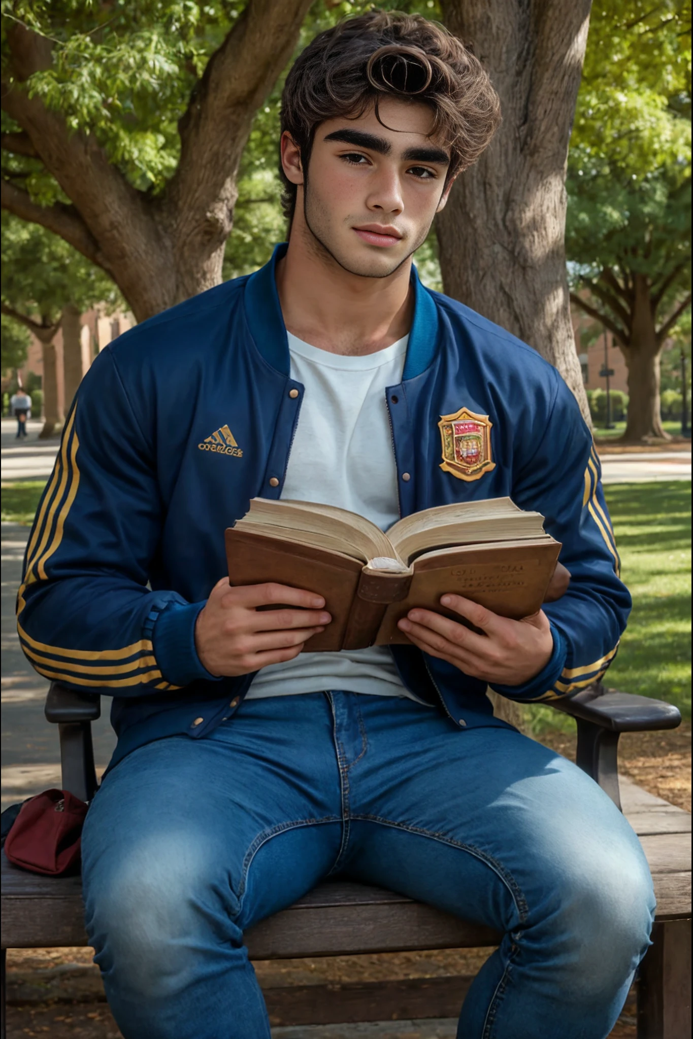 <lora:Enrique_Hernandez_GV:1> 1boy, Spanish, dark brown hair, warm brown eyes, handsome student, Masterpiece, photo-realistic, Crystal clear, highly detailed, wearing a varsity jacket and blue jeans, sitting under a tree on a college campus, reading a book and studying.