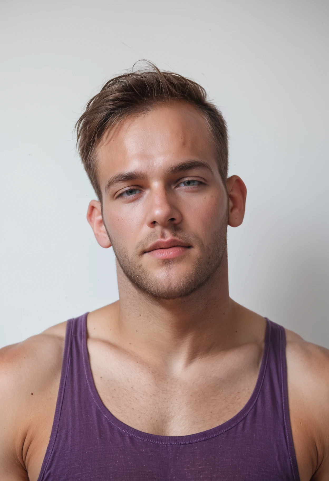 score_9, score_8_up, score_7_up, photo, photorealistic, close-up, portrait,  <lora:aaron_kuttler-10:1> aaronperson, 1boy, wearing purple tank top shirt, white background