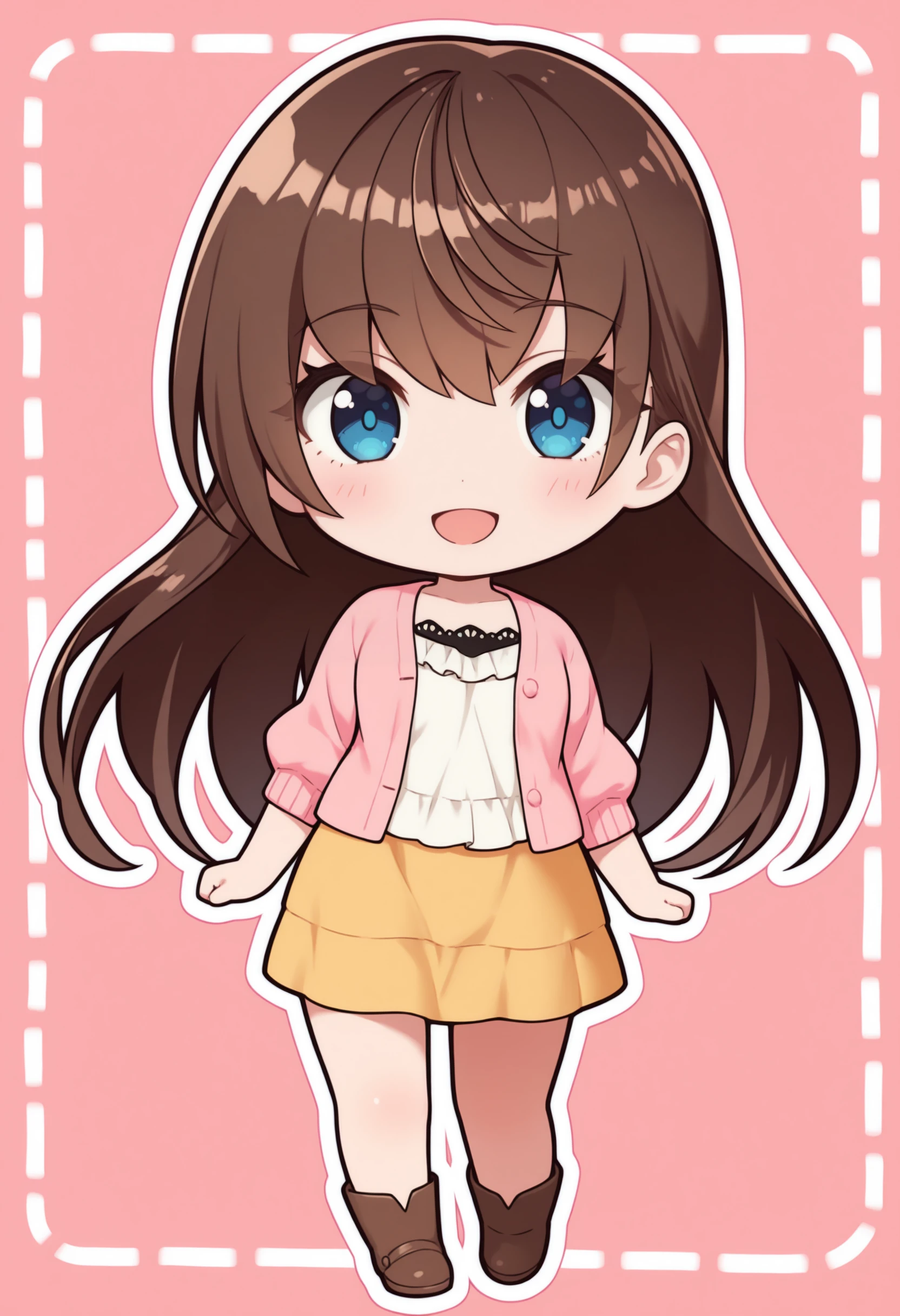 masterpiece, best quality, solo, 1girl, smile, looking at viewer,  <lora:Mio-illus:1>, mio, brown hair, blue eyes, long hair, pink cardigan, white camisole, yellow skirt, brown footwear, chibi, outline, open mouth,