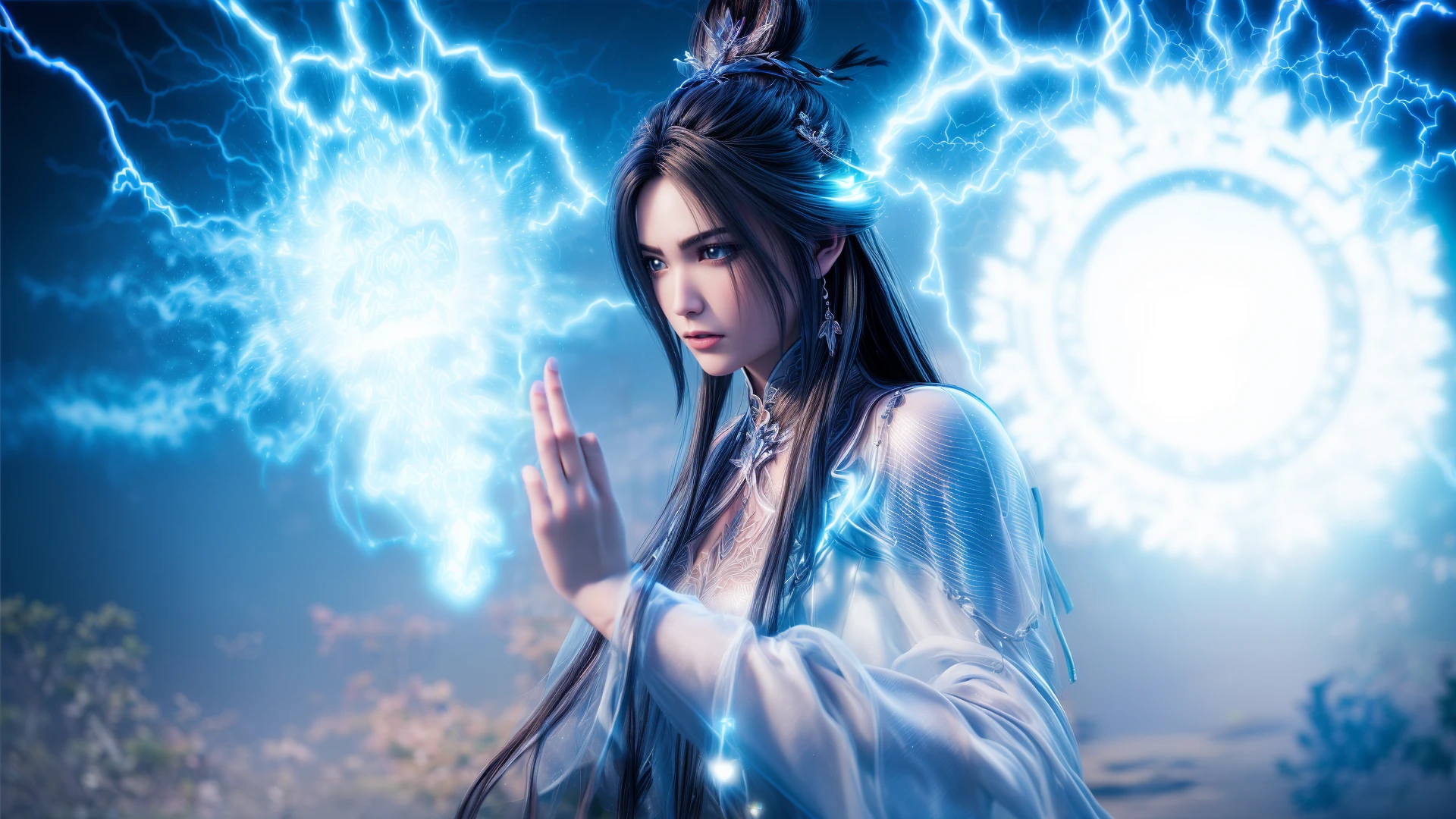 1girl,solo,l long hair,l hair bun,l2 hair ornament,l earrings,l hanfu,closed mouth,(gigantic ass),outdoors,((text magic,tai chi magic,magic,electricity,lightning:1.3)),((glowing)),grass,day,sky,((sunlight)),(cherry blossoms),romantic,fantasy style,depth of field,Highly detailed,(ultra-detailed),(best quality:1.5,masterpiece:1.5),(SFW:1.5),<lora:luxueqi-000012:0.85>,<lora:ç»èè°æ´2.0:0>,